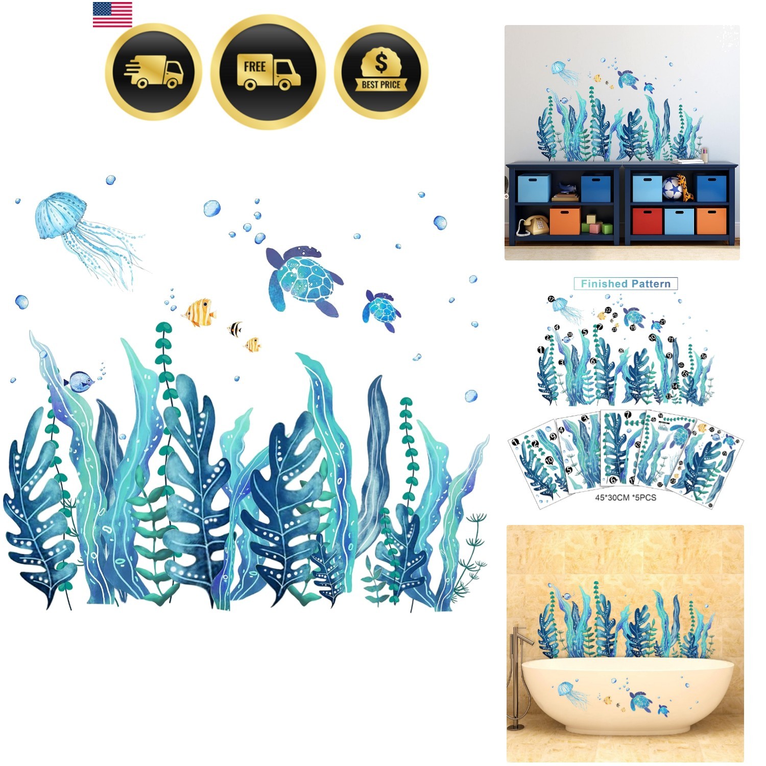 5 Sheets Ocean Sea Turtle Wall Decals Stickers Under The Sea Stickers Seaweed…