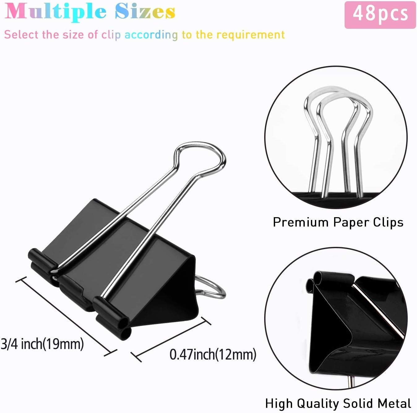 Small Binder Clips, 48 Pack, 3/4 Inch, Standard 19mm, 0.75 Inch Black-48 Pcs
