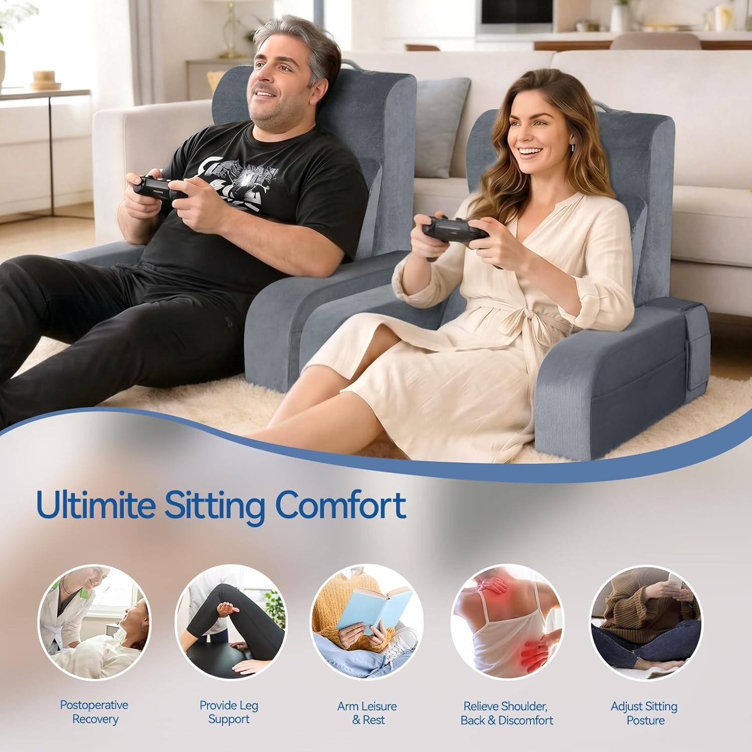 Reading Pillow, 10 in 1 Back Pillow for Bed Sitting up with Detachable Arms Rest