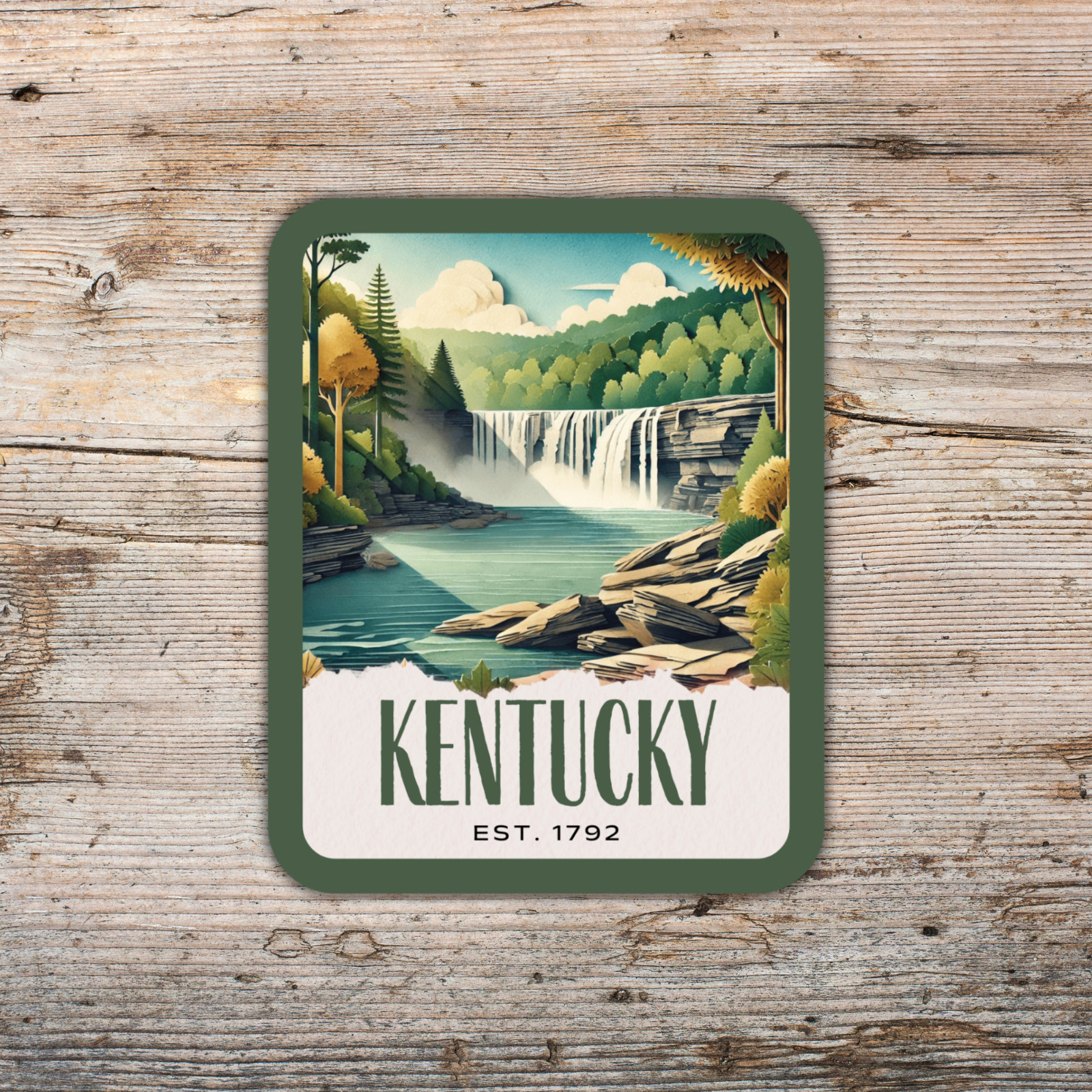 Kentucky State Sticker, Paper Collage Look, Scenic Cumberland Falls Decal