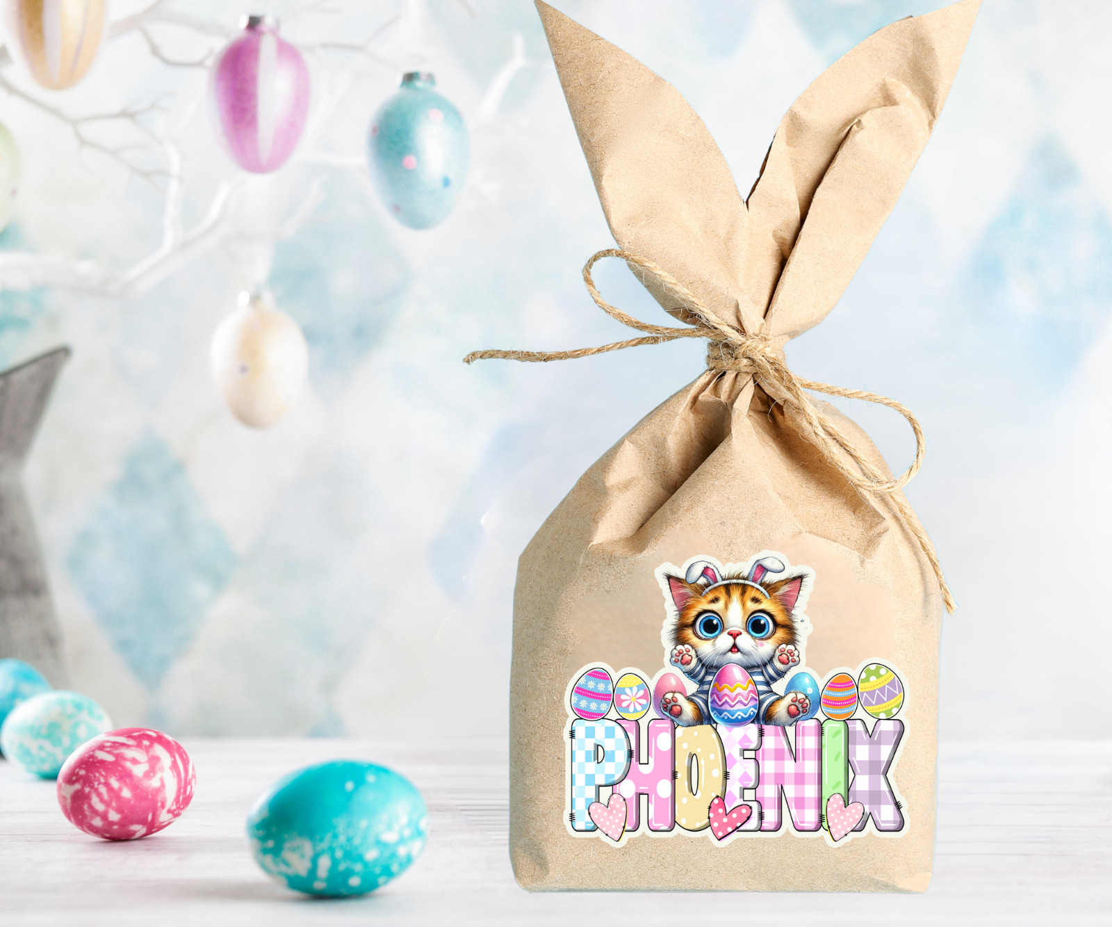 Personalized Easter Cat Name Sticker, Waterproof Vinyl Decal, Cute Gift for Kids