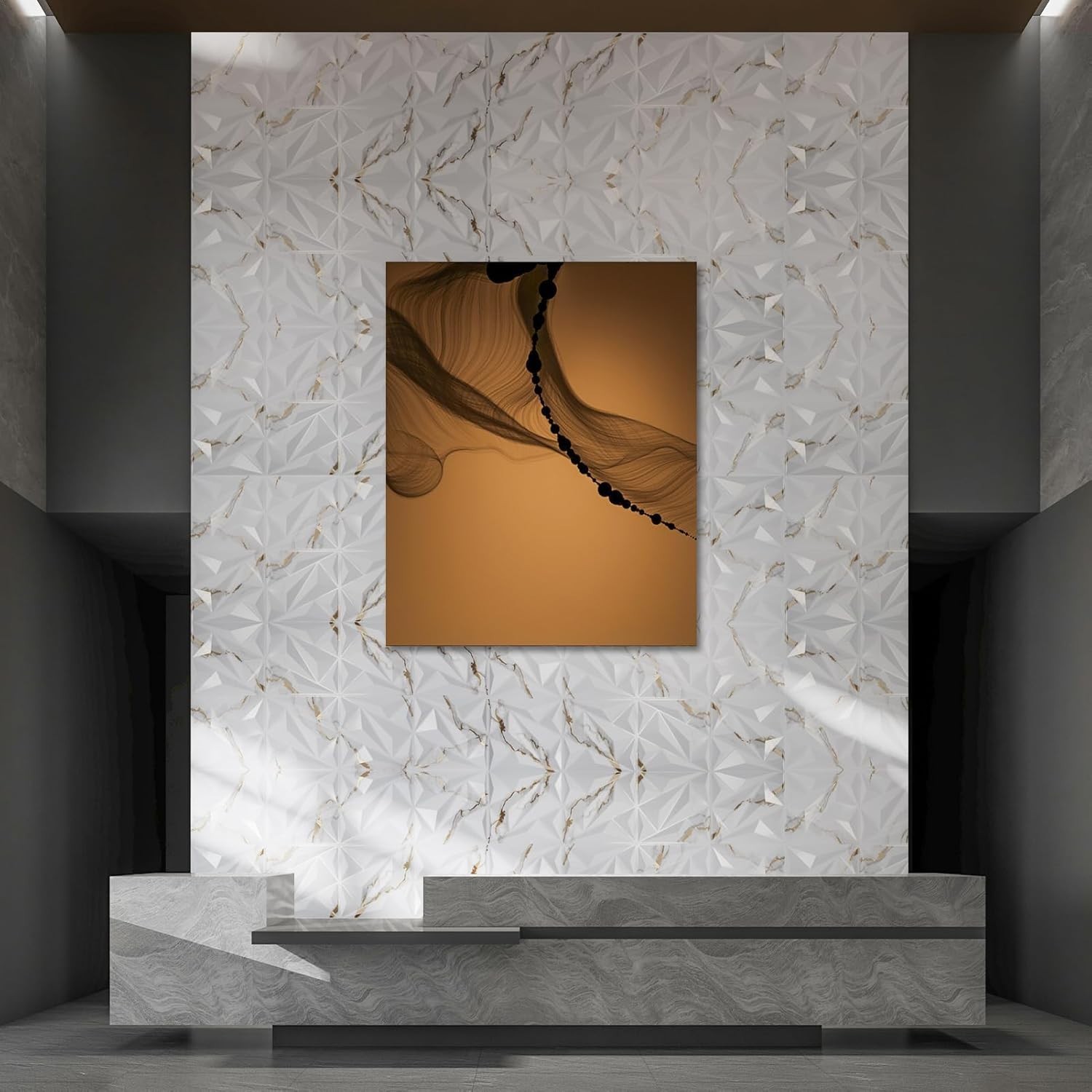 Waterproof 3D Wall Panels 33pk Diamond PVC Gold Veined White Commercial Interior