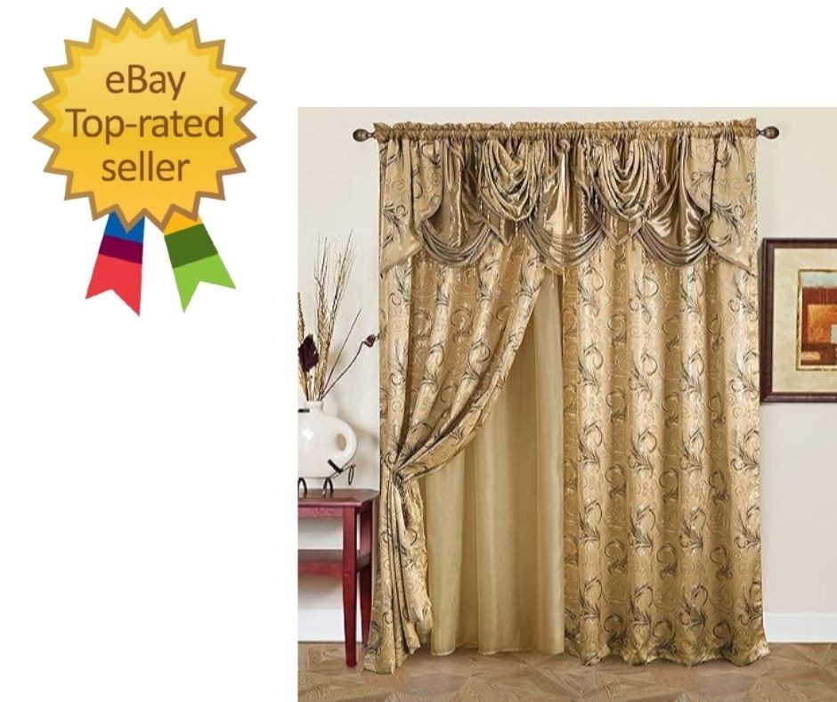Luxury Jacquard 2 Panel Curtain Set with Valance & Backing – Taupe, 55×84