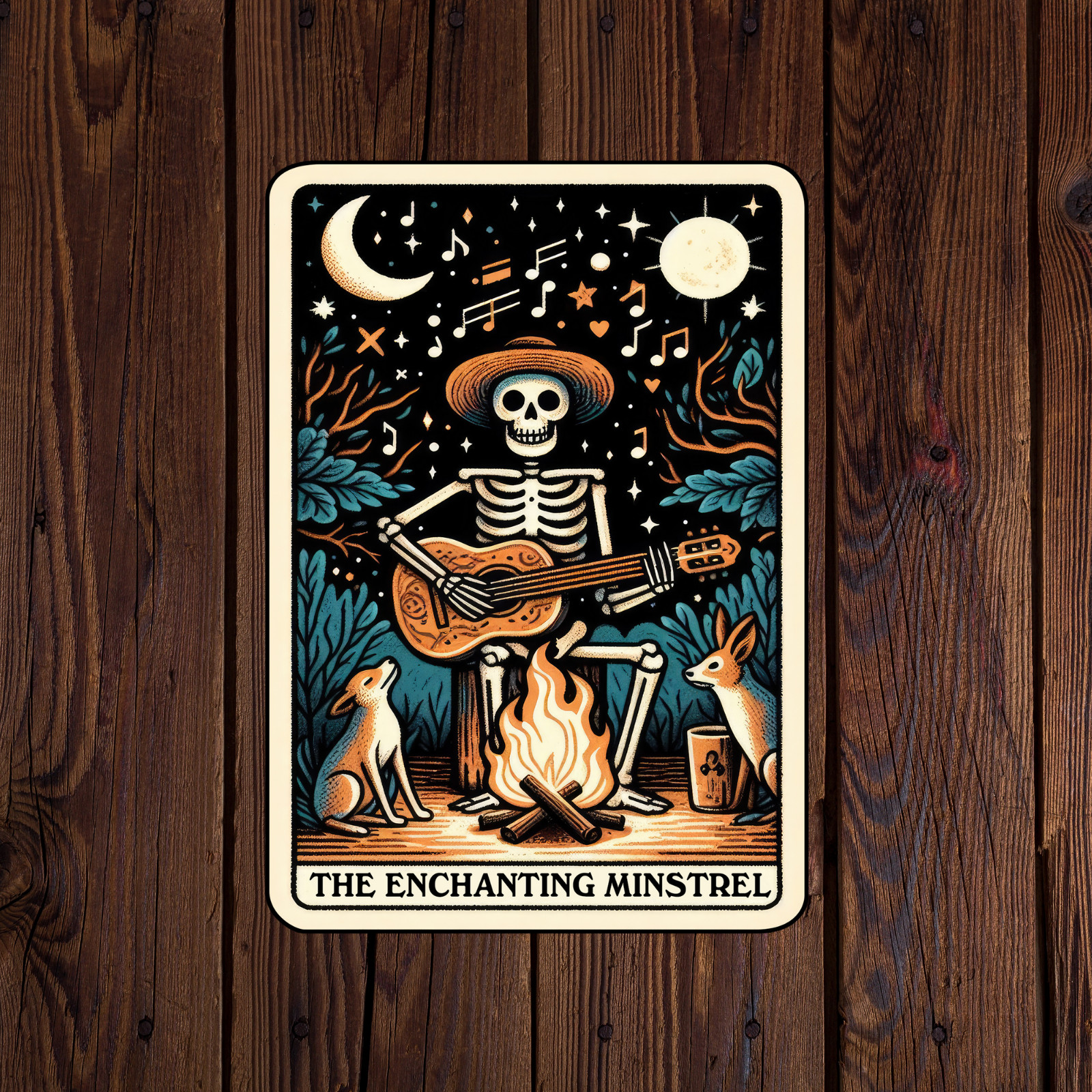 Tarot card sticker vinyl decal the enchanting minstrel skeleton moon sun guitar