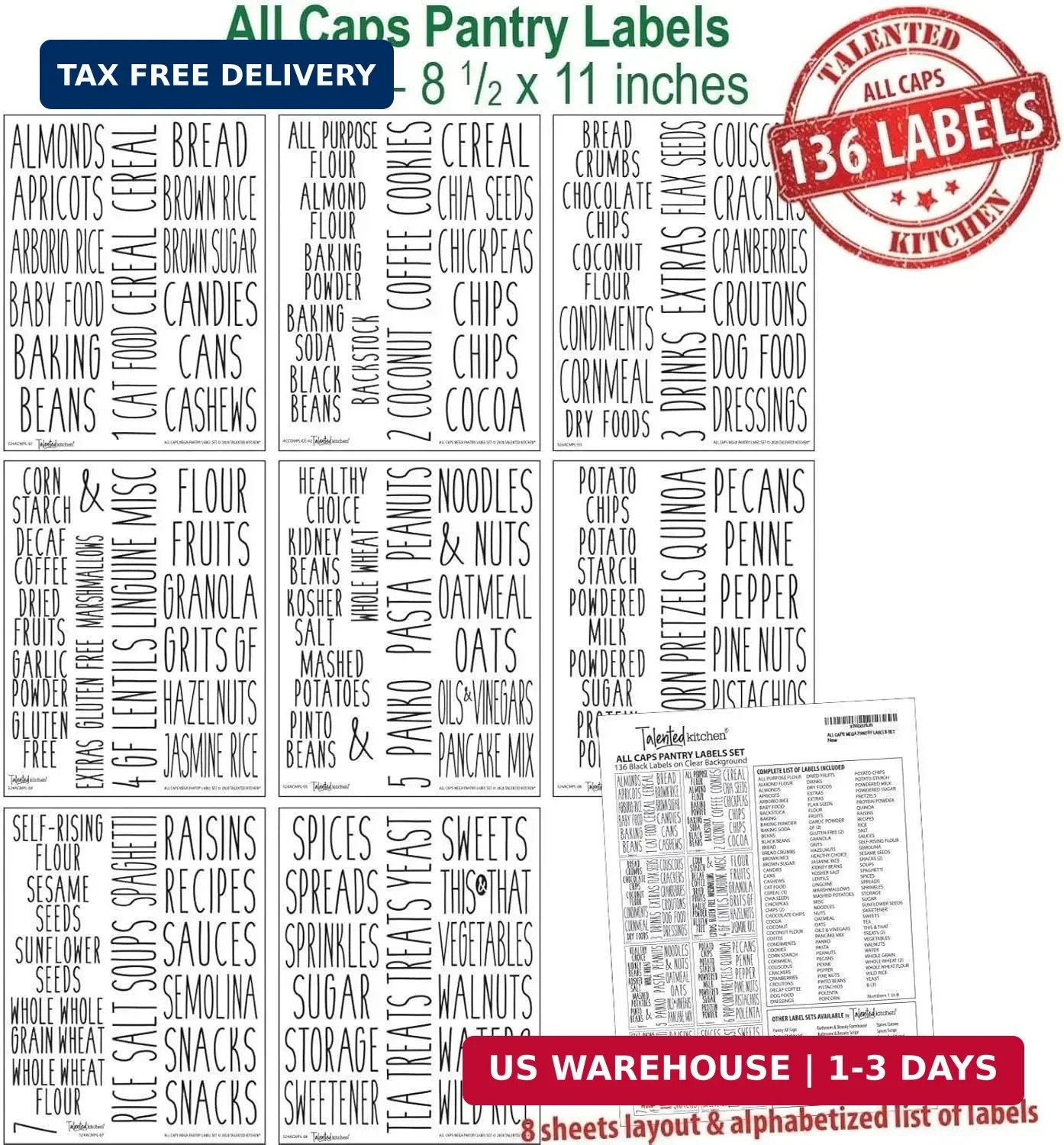136 Pcs Pantry Labels Black Script Removable Waterproof Vinyl Jar Spice Stickers
