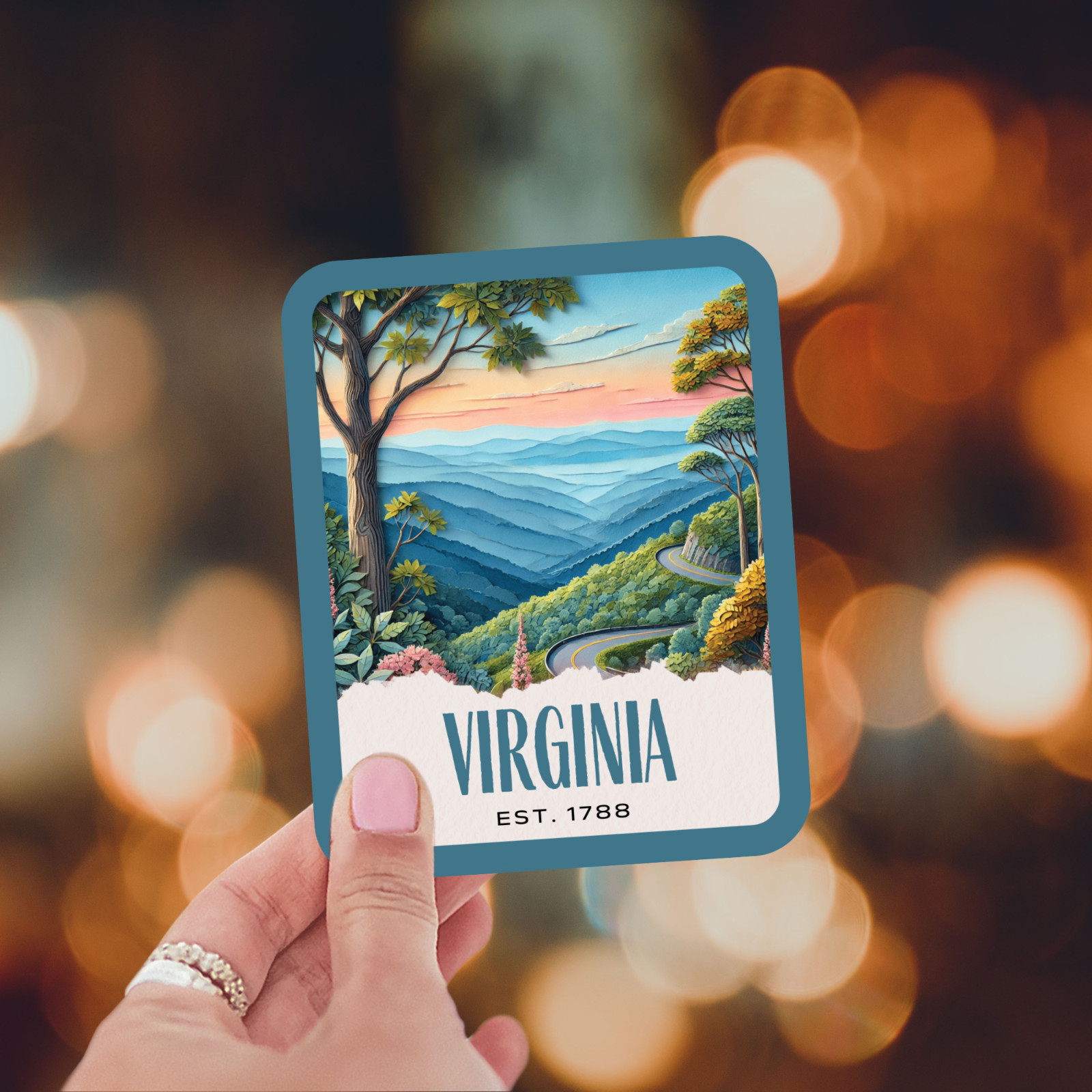 Virginia State Sticker, Paper Collage Look, Blue Ridge Parkway Vinyl Decal