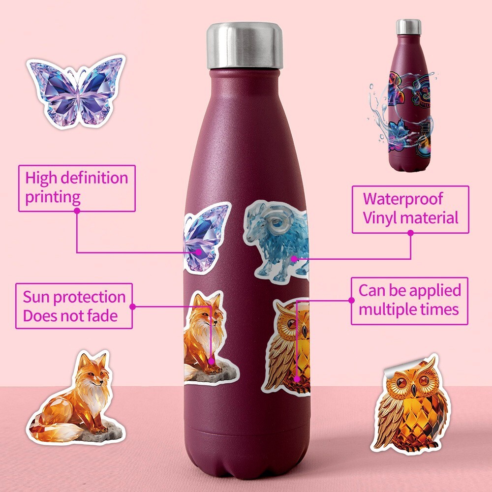 50pcs Waterproof Vinyl Stickers Cartoon 3D Crystal Animals Luggage Phone Laptop