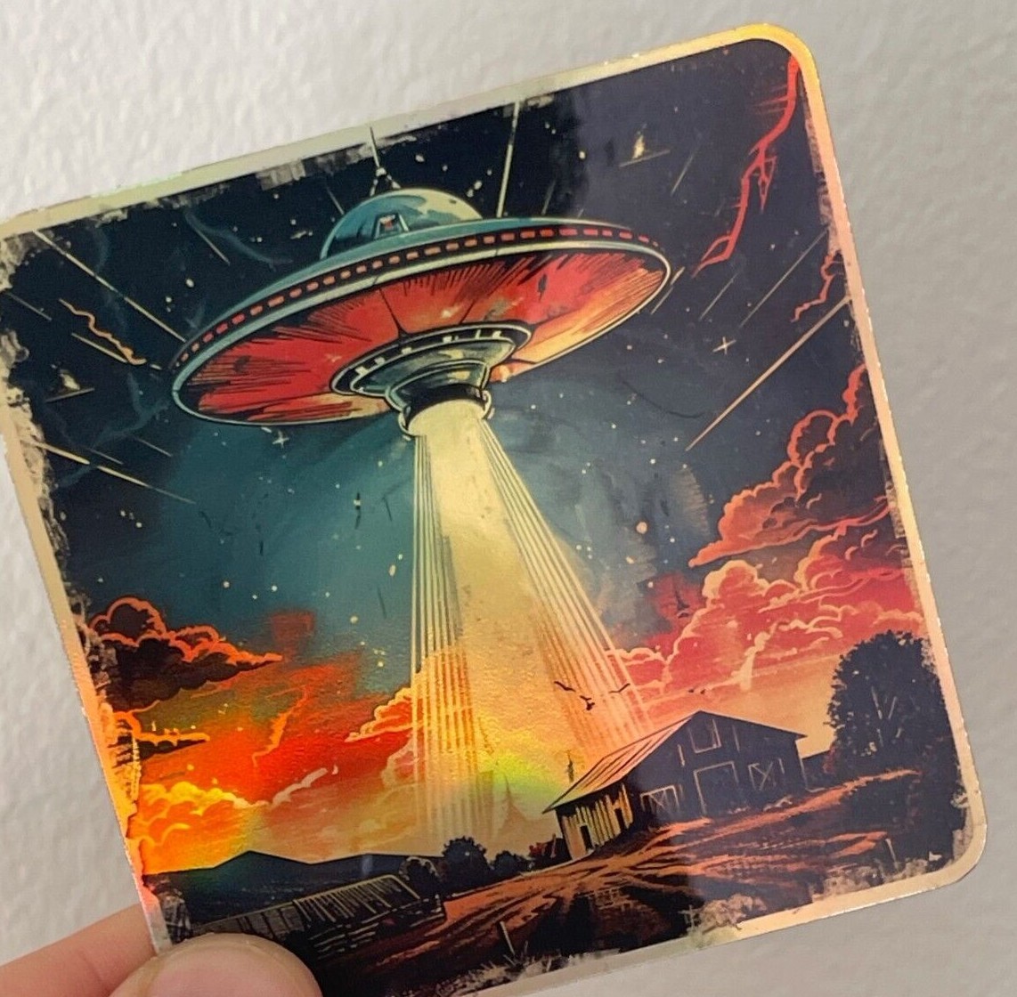 Alien UFO Abduction Sticker Holographic Vinyl Decal Sci-Fi Laptop Wall Space