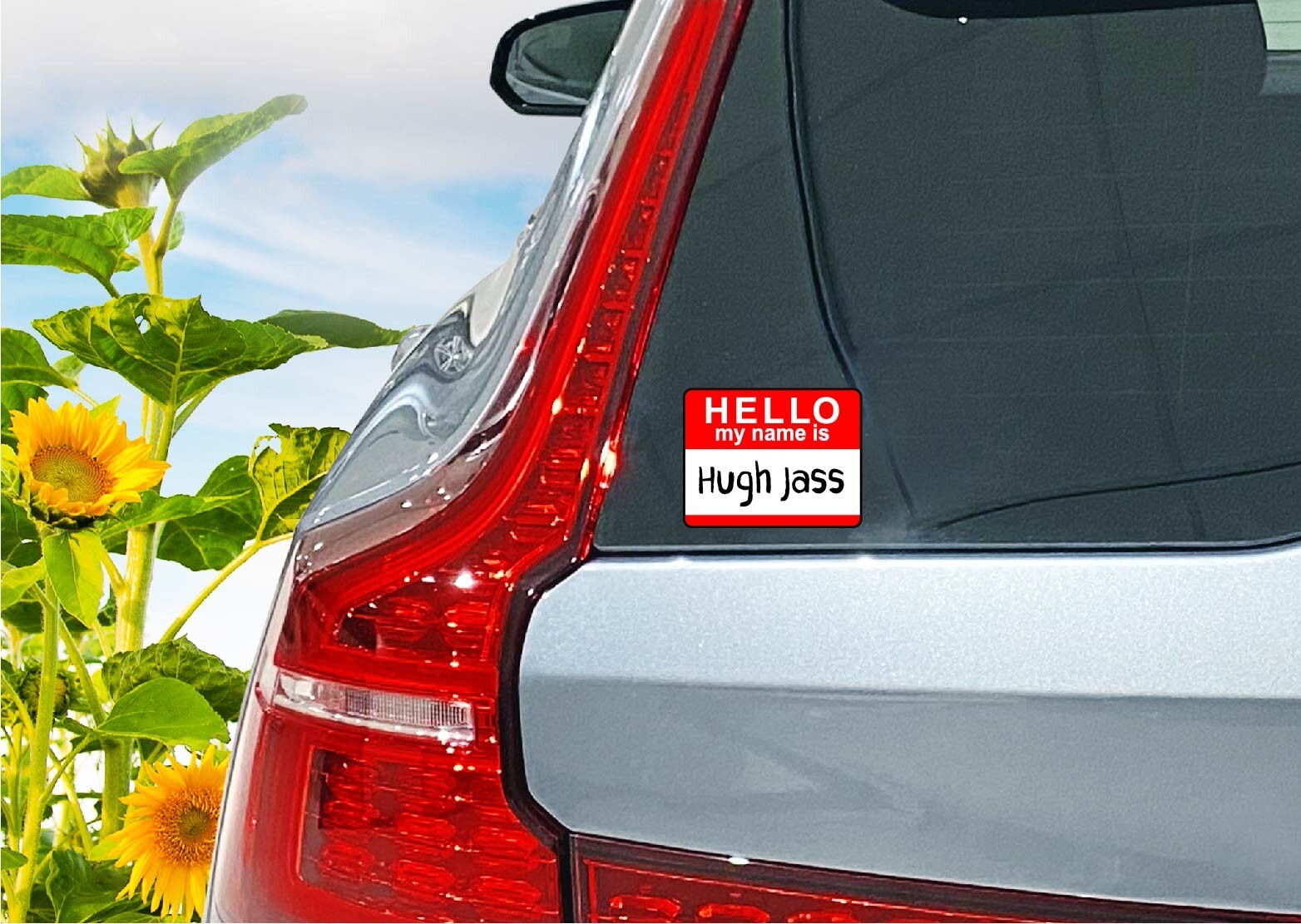 Name Tag Decal Sticker Hugh Jass Funny Huge Joke Names Hello My Name Is Red ID