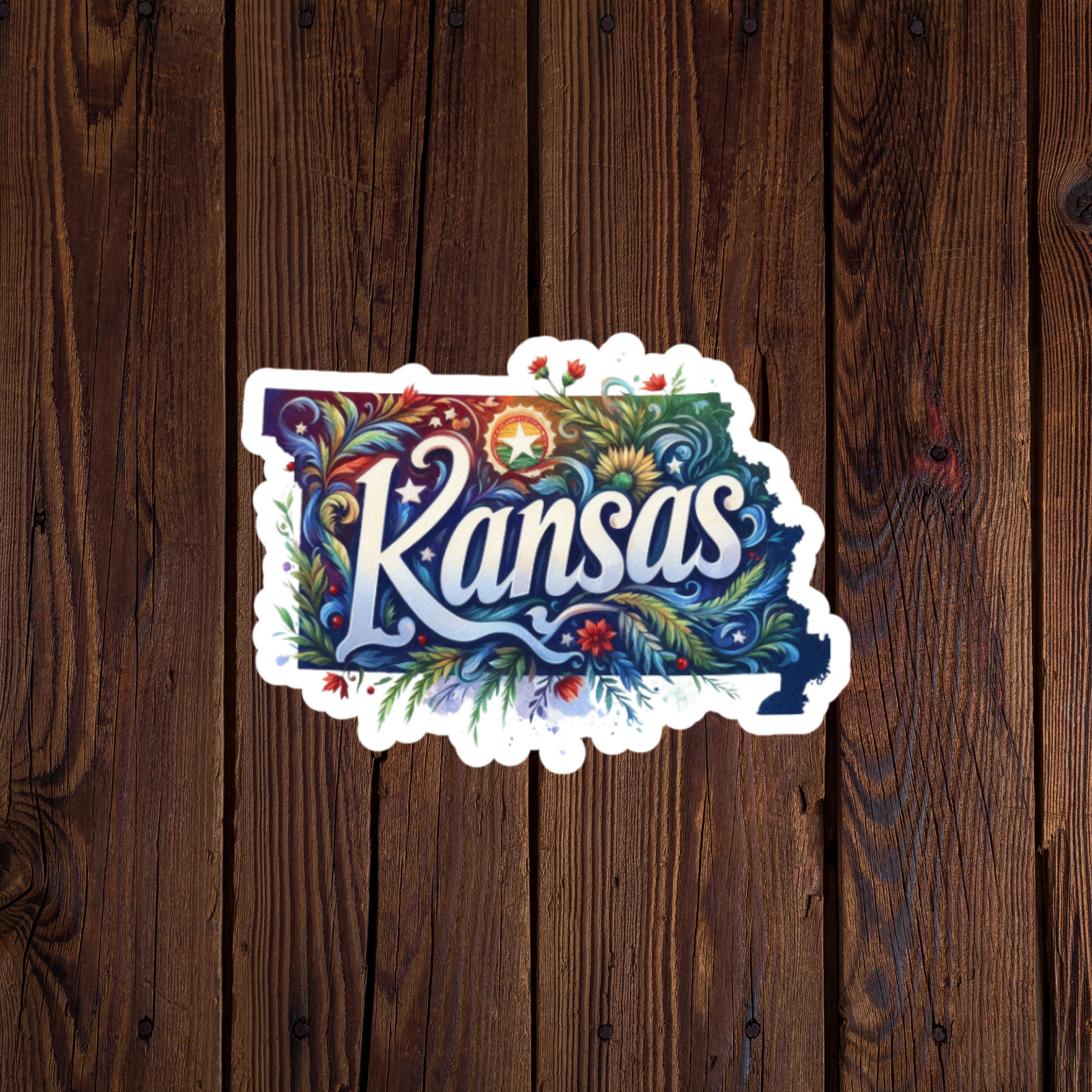 Kansas Sticker Vinyl Decal Floral State Shape Vintage Art Wildflowers KS