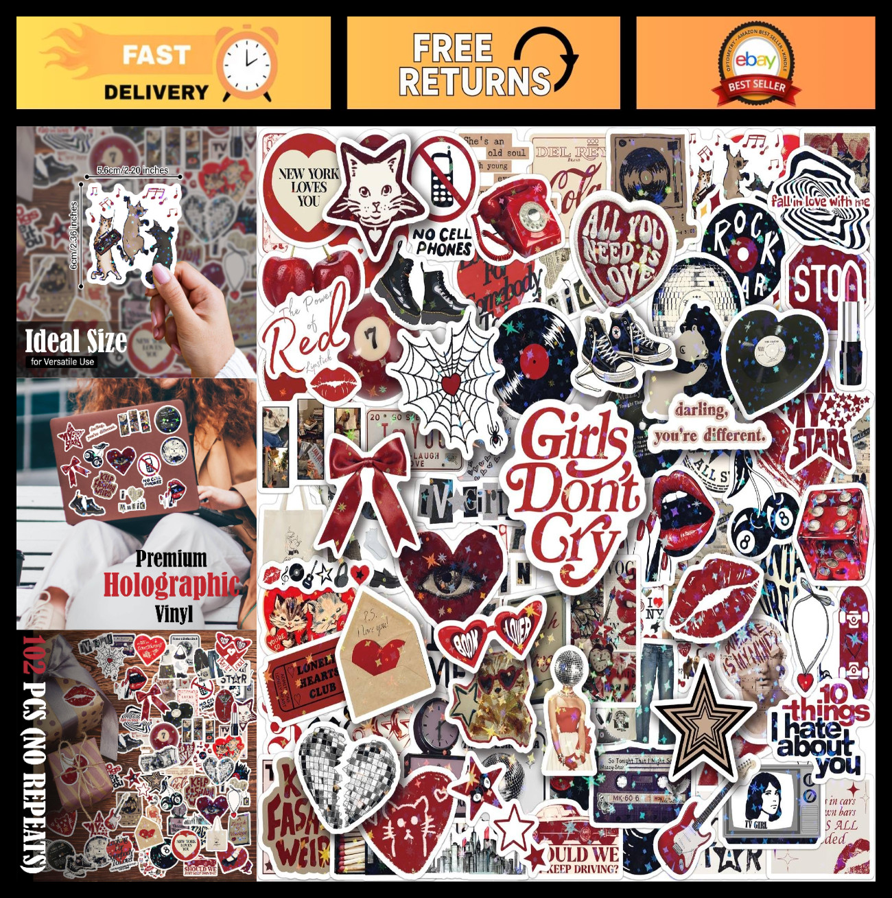 102 PCS Holographic Aesthetic Stickers – Y2K Grunge Cute Red Decals for Water Bo