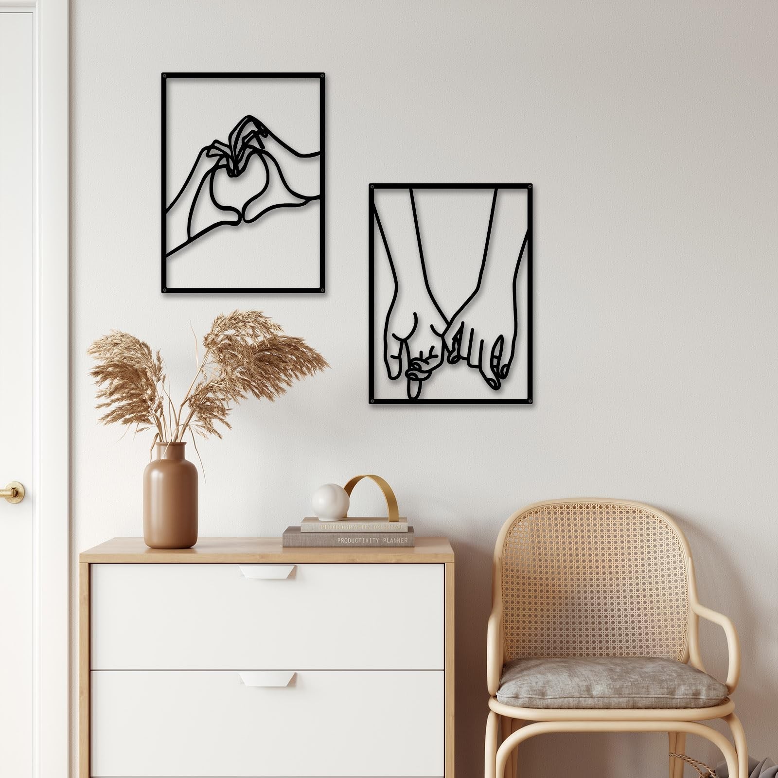 EDCIJB 3 Pcs Minimalist Heart Hands Black Metal Wall Decor Single Line Wall A…