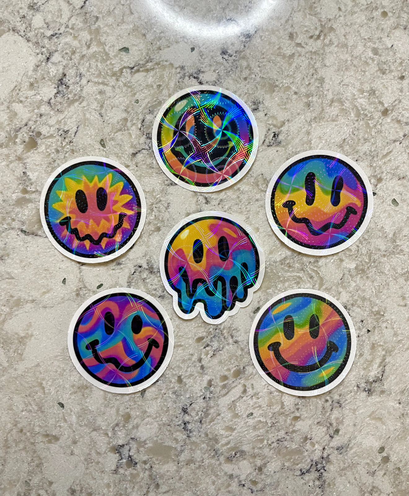 Pack of Trippy Smiley Face Stickers l Gloss or Holographic Laminate l Waterproof