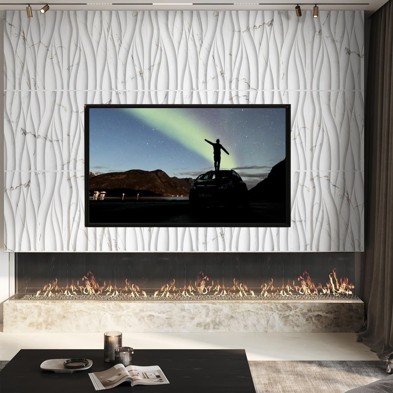 3D White Marble & Gold Thread Wave Wall Panels – Decorative PVC Accent for Livin