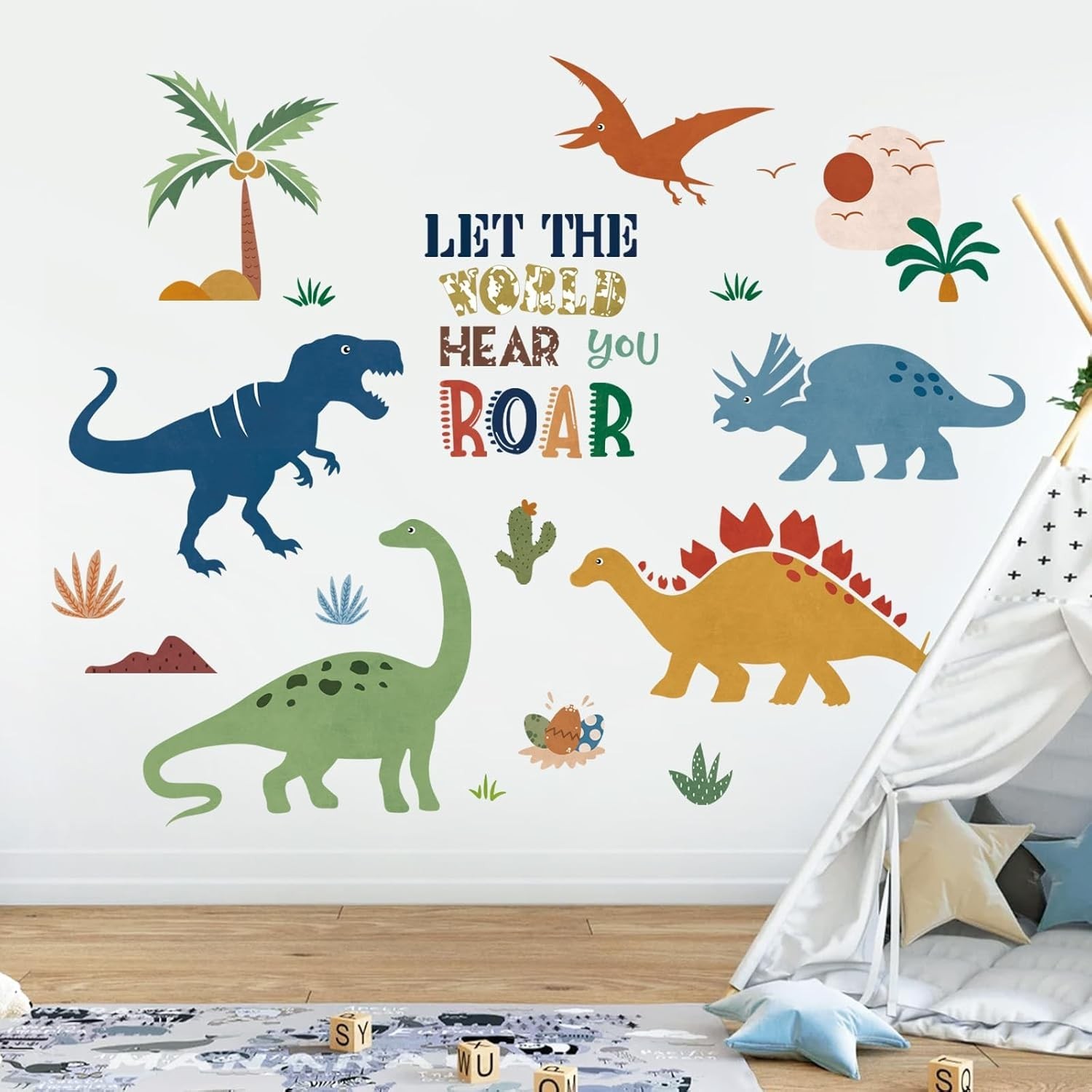 Boho Dinosaur Wall Decals Dino Palm Tree Wall Stickers Baby Nursery Boys Bedr…