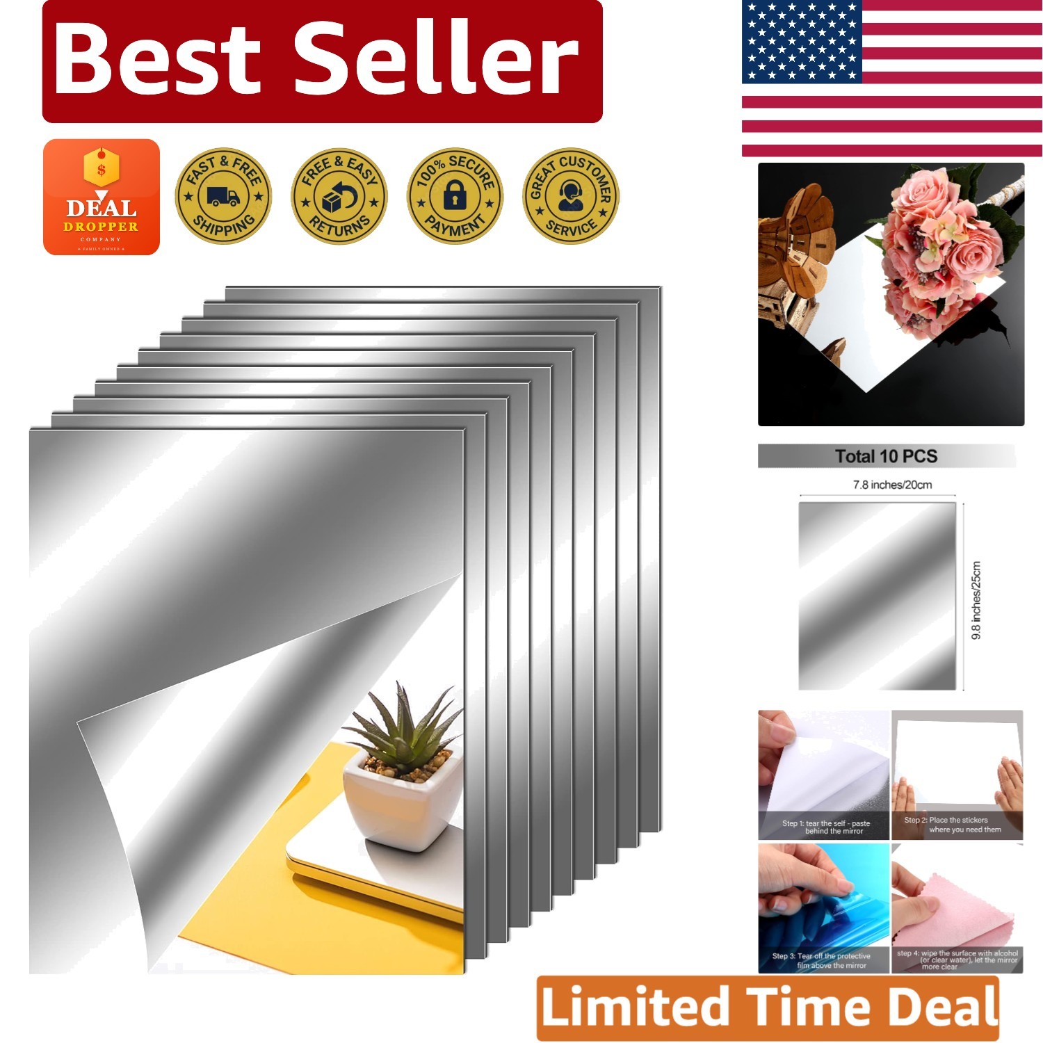 Modern Flexible Mirror Sheets for Home Decor – 10 Rectangular Stickers (8×10)
