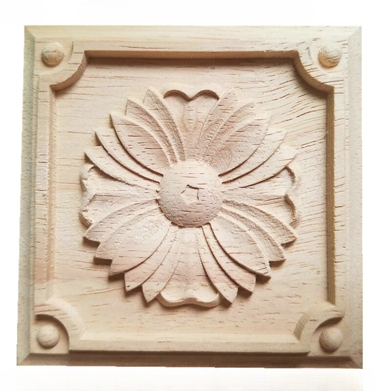 4 pcs Wood Carved Applique Onlay Square Carving Decal Unpainted decal Decor