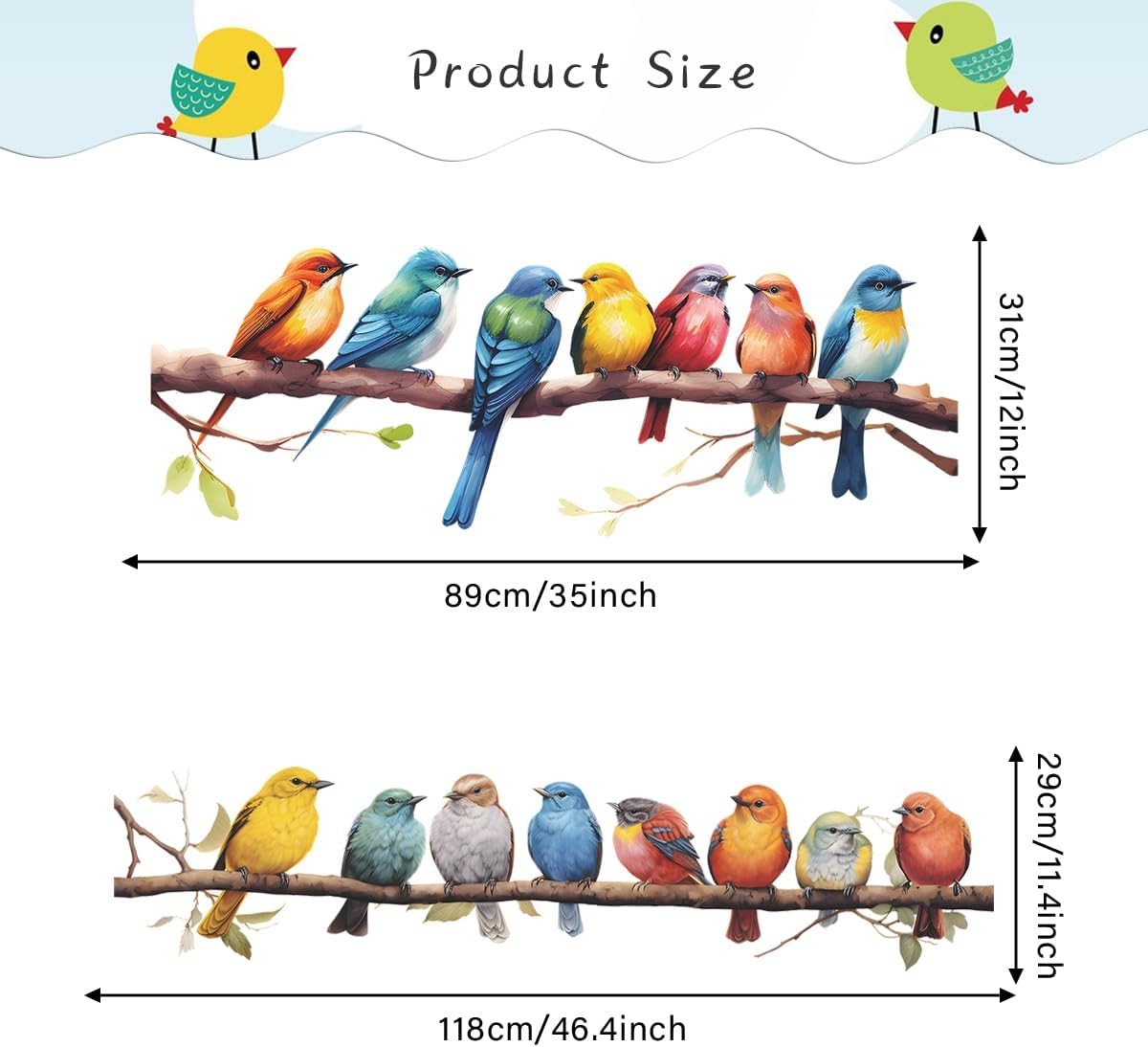 Watercolor Birds Wall Decals 2 Pack Peel & Stick Vinyl Stickers for Kids Room