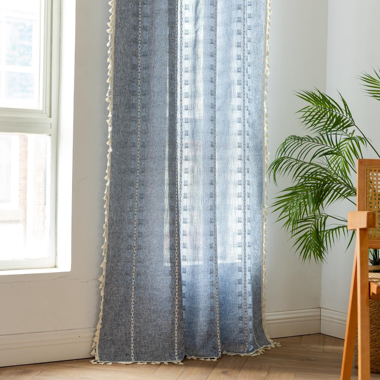 Denim Blue Boho Curtains 96 inch Long 2 Panels for Living Room Bedroom, Rusti…