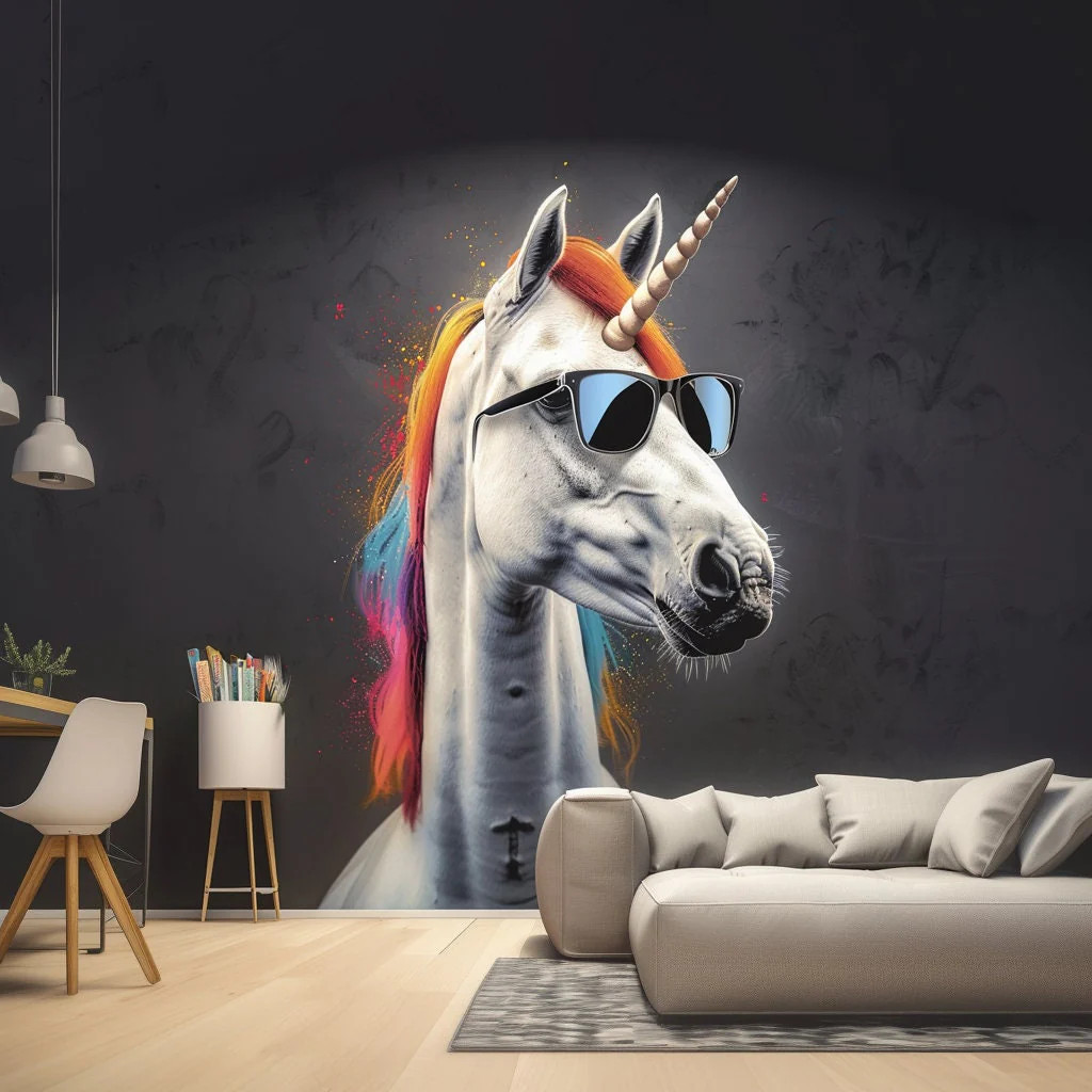 Graffiti Unicorn Wall Sticker – Photo realistic Unicorn with Sunglasses Decal –