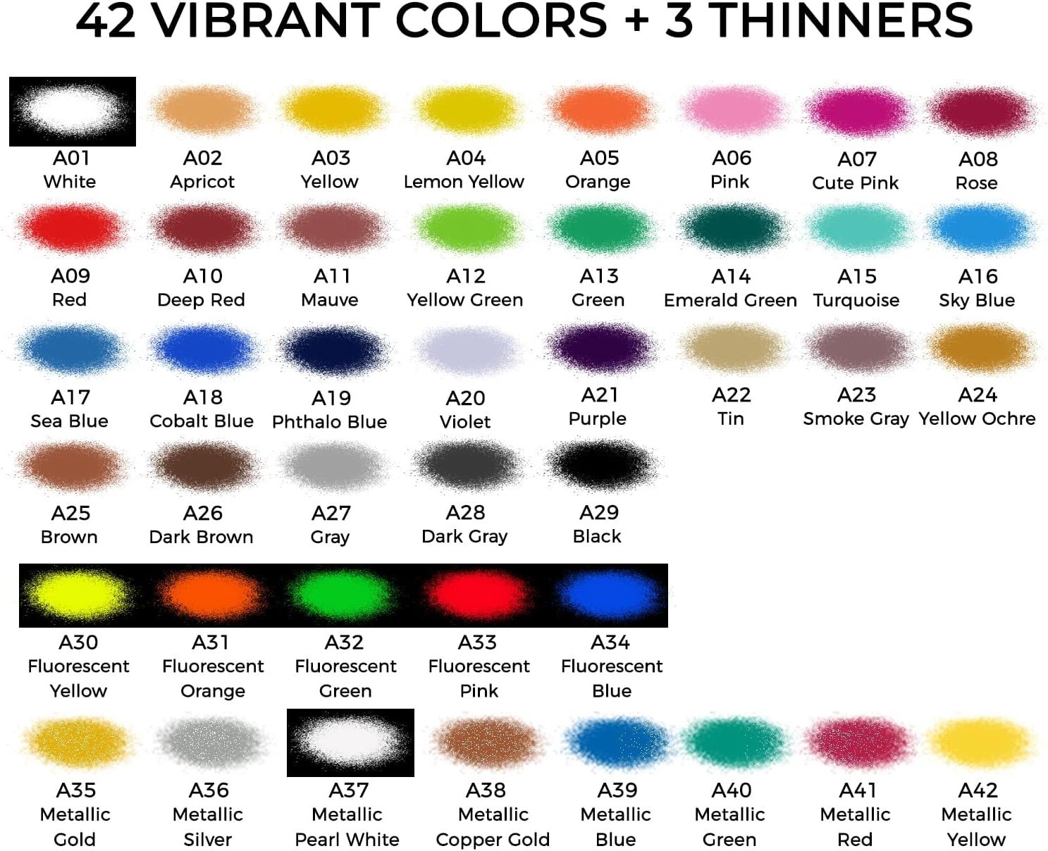 42 Color Acrylic Airbrush Paint Set with Thinners – Opaque, Metallic, Neon