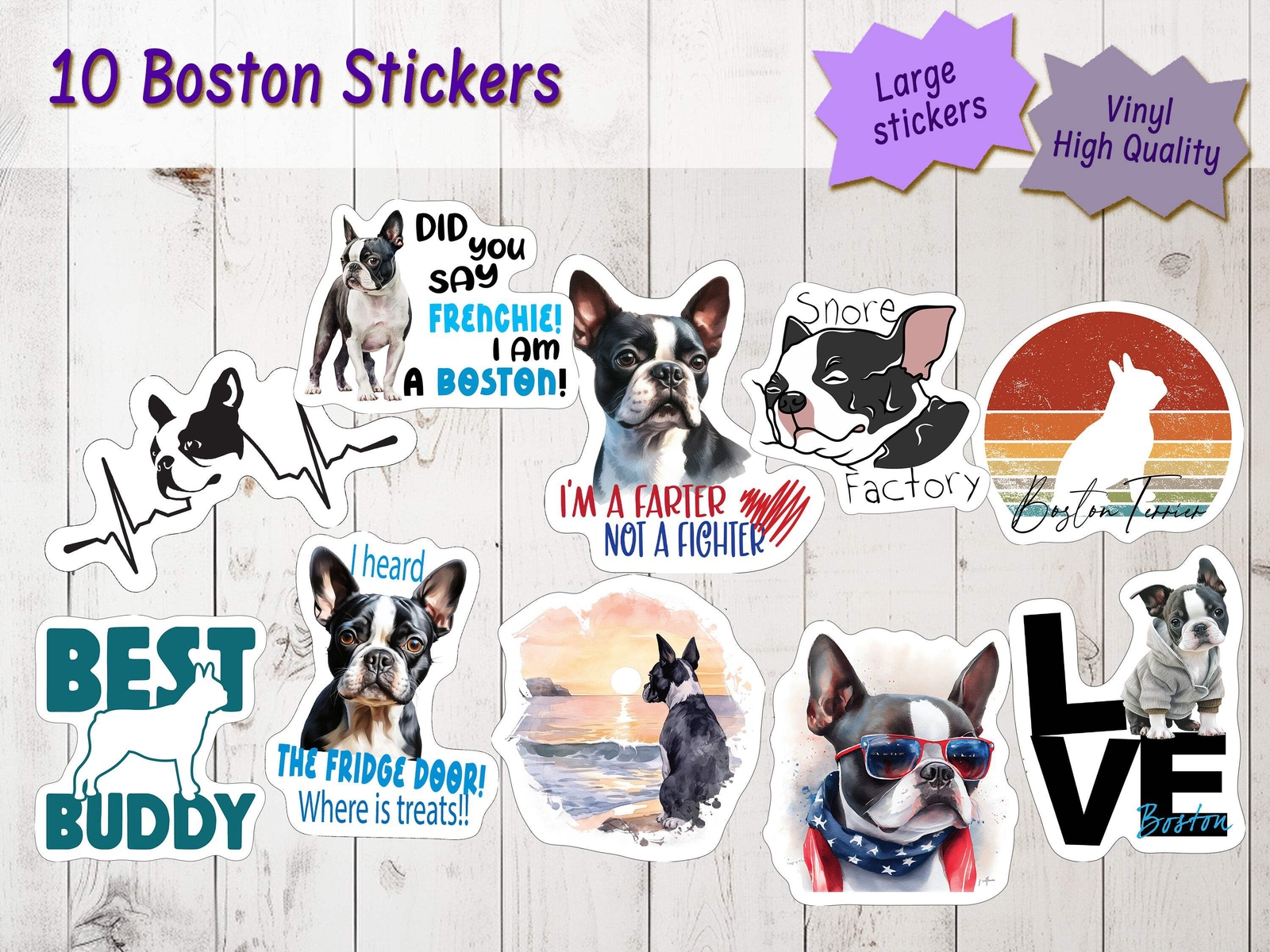 Boston Terrier Stickers, Ten Vinyl Stickers Supporting Boston Terrier, Great Bos