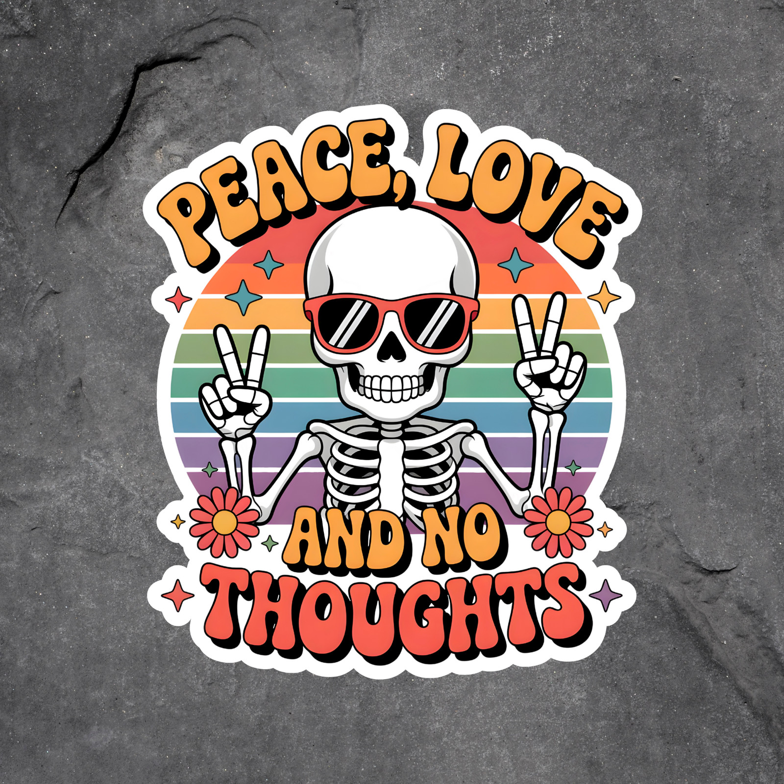 Retro sticker vinyl decal peace love and no thoughts skeleton rainbow vibe