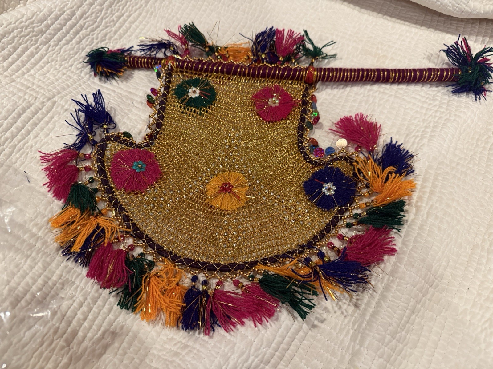 Decorative Hand Fan, golden with multi-color fringe, handmade