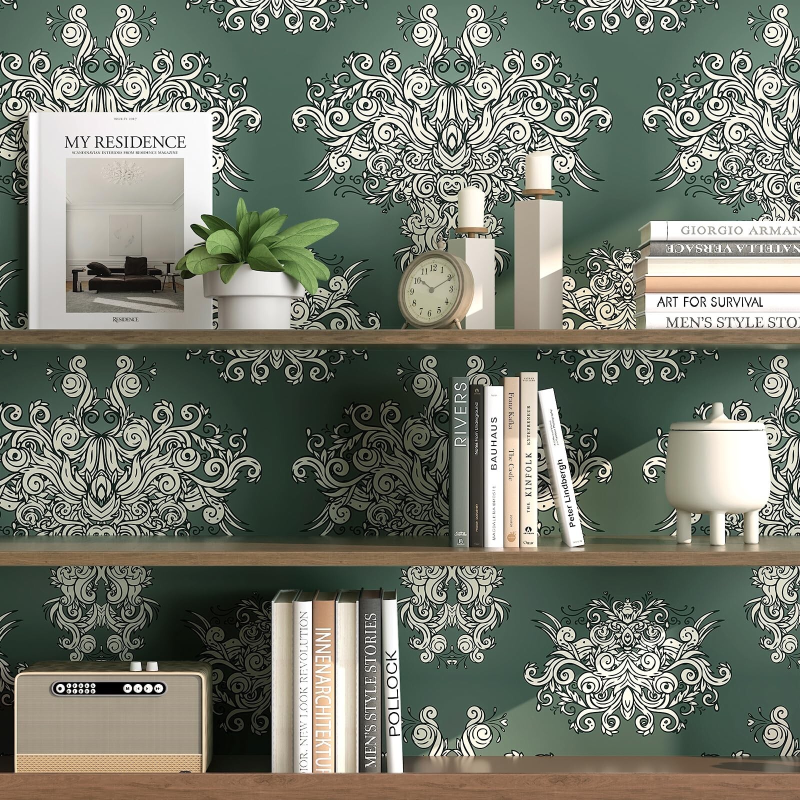 FunStick Damask Wallpaper Peel and Stick Vintage Green Victorian Wallpaper Re…