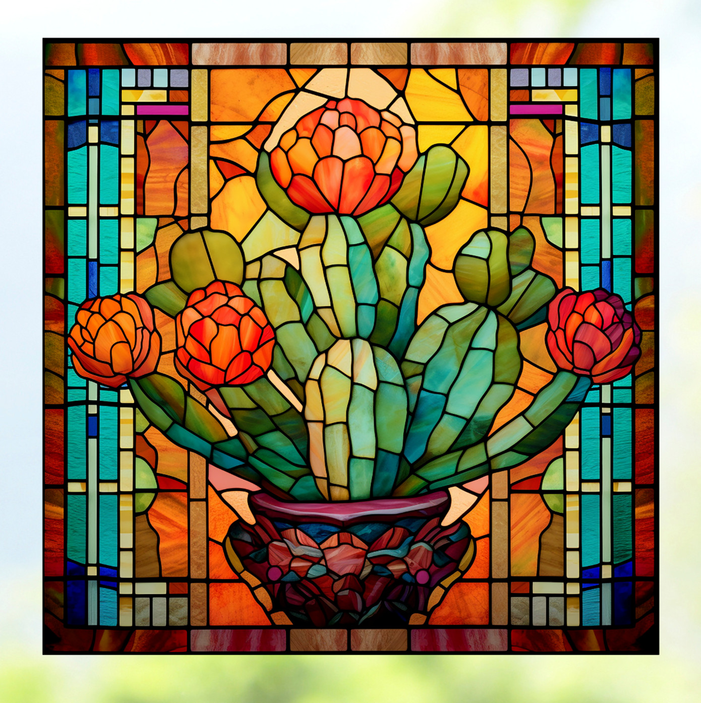 Blooming Cactus Plant Faux Stained-Glass WINDOW CLING Size 8" Square Vinyl