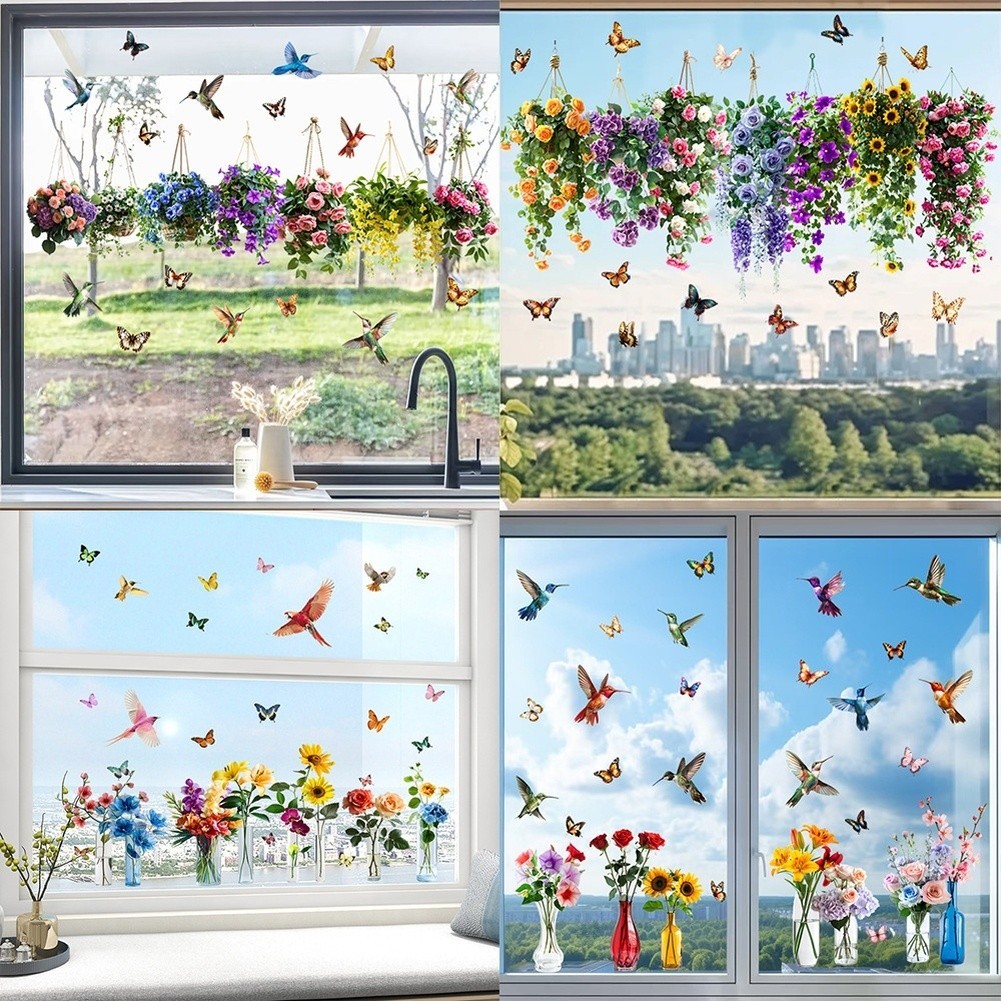 Static Cling Decals for Windows Floral Basket Birds Butterfly PVC Sticker