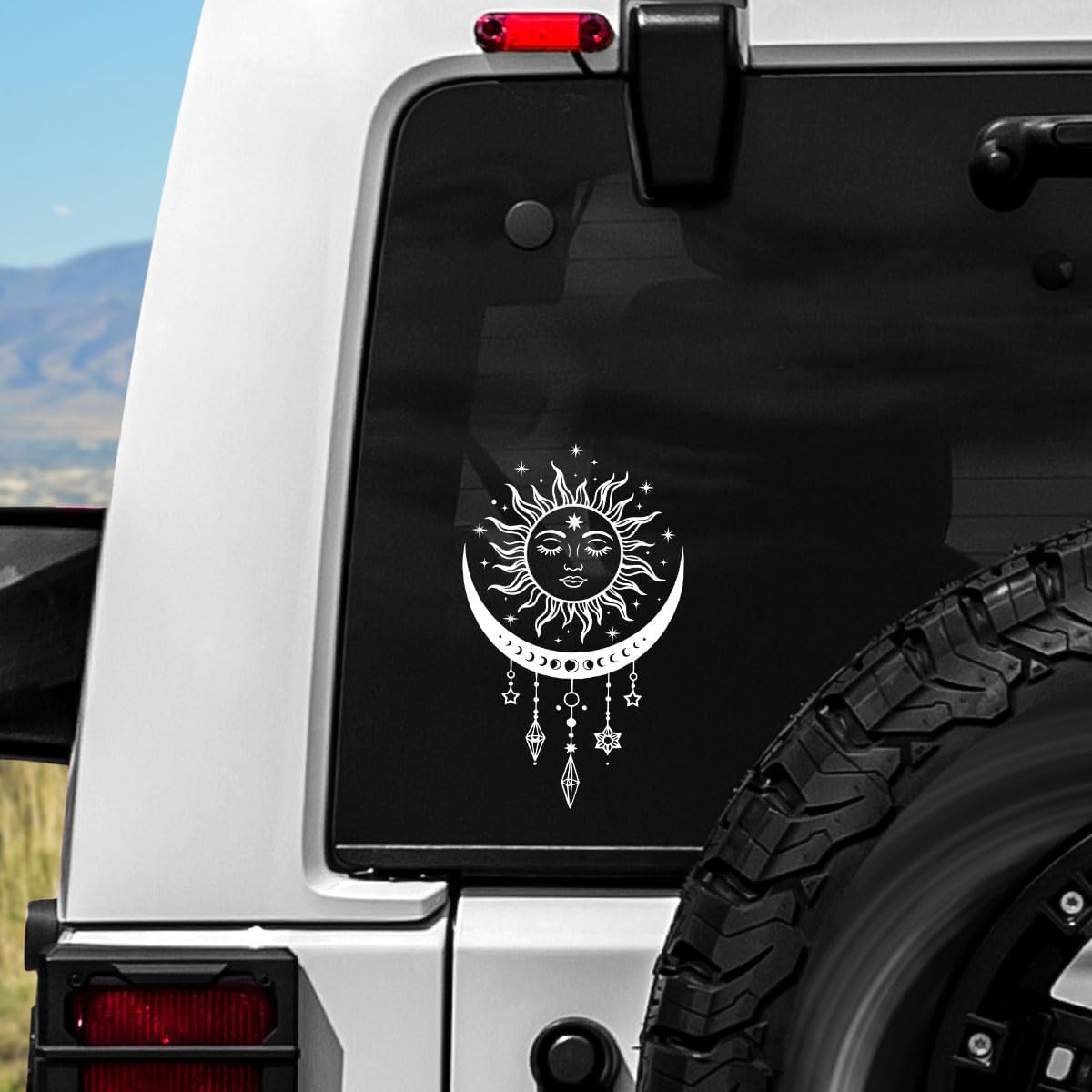 Sun and Moon Celestial Sticker, Boho Spiritual Line Art Decal with Stars and Cry