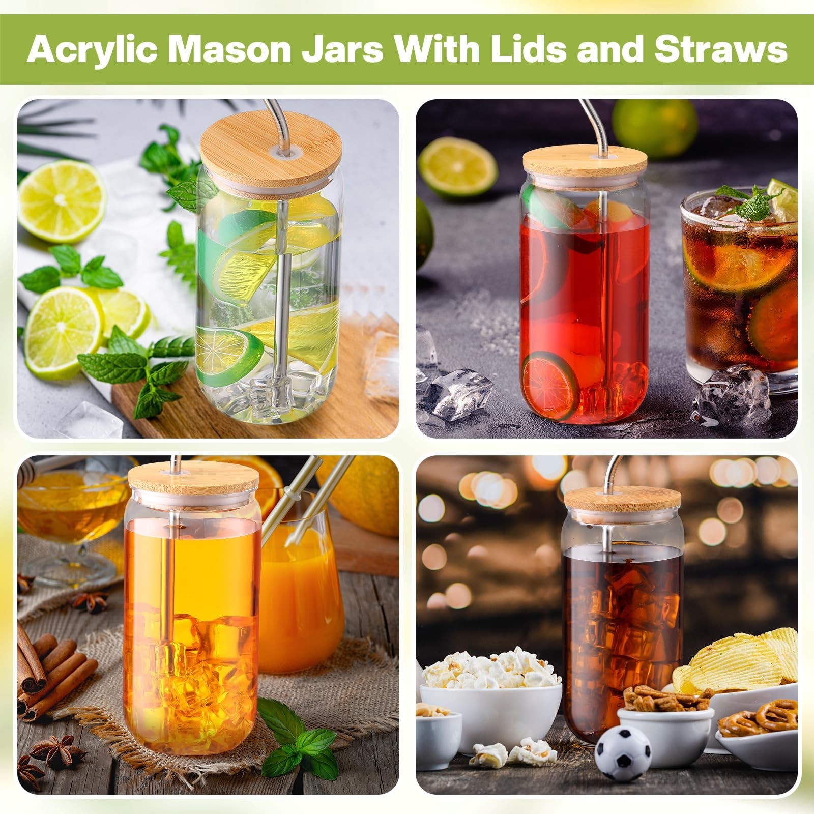 8 Pcs 16 oz Plastic Cups with Lids and Straws Acrylic Mason Jars with Bamboo …