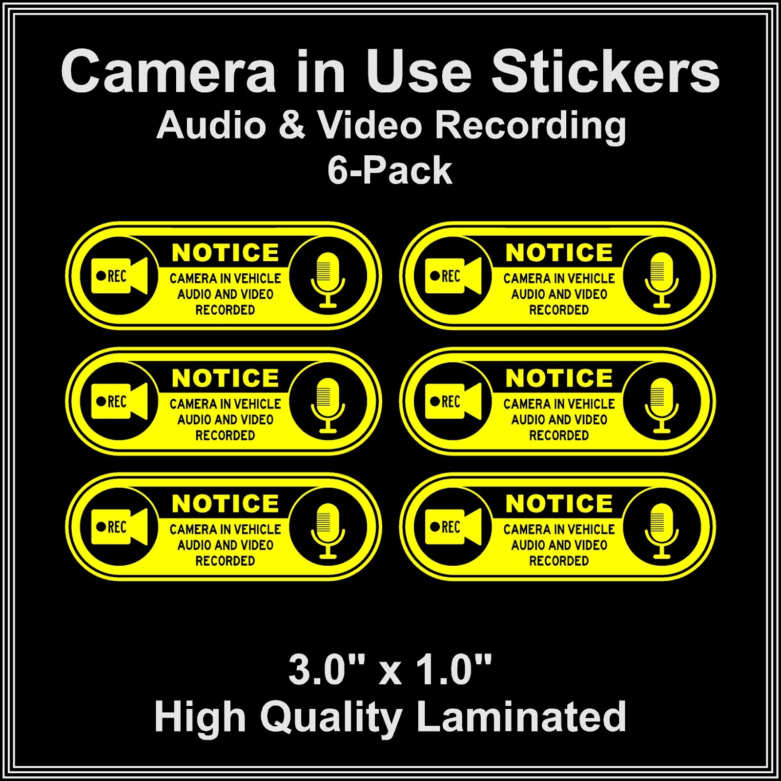 Camera in Car Recording Video 6-Pack Decals Yellow & Black 3.0" x 1.0" for Uber