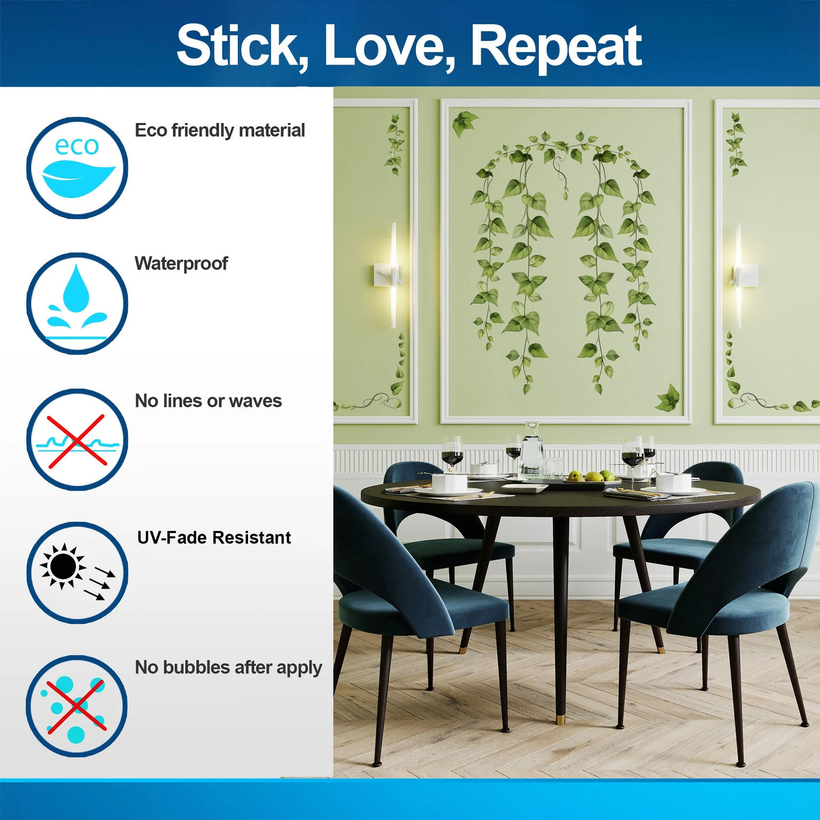 Hanging Vine Wall Sticker – Green Ivy Leaves Decal – Versatile Floral Decor for