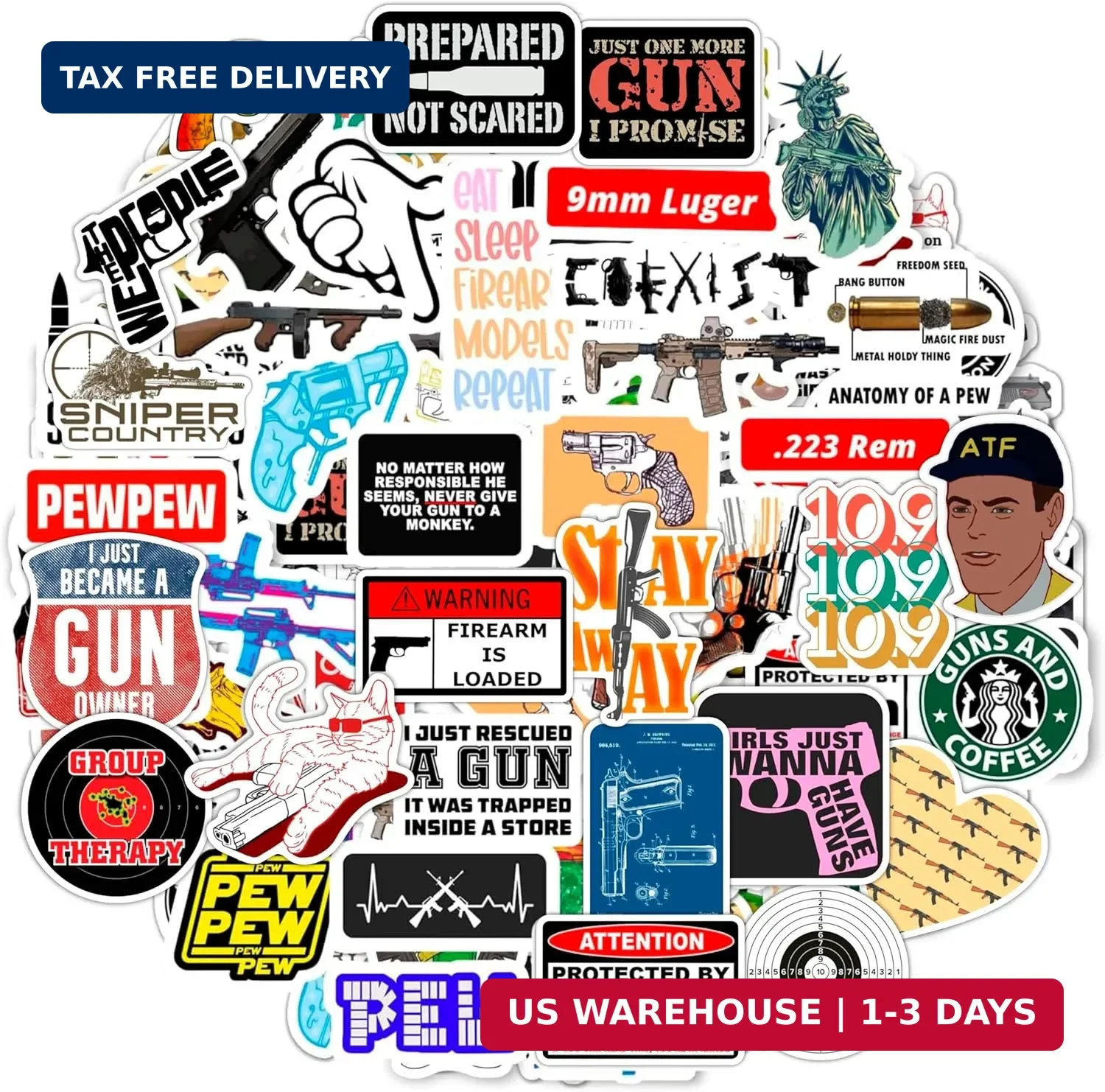 BulbaCraft 100Pcs Funny Gun Stickers, Firearm Stickers, Guns and Ammo Decals, Ta