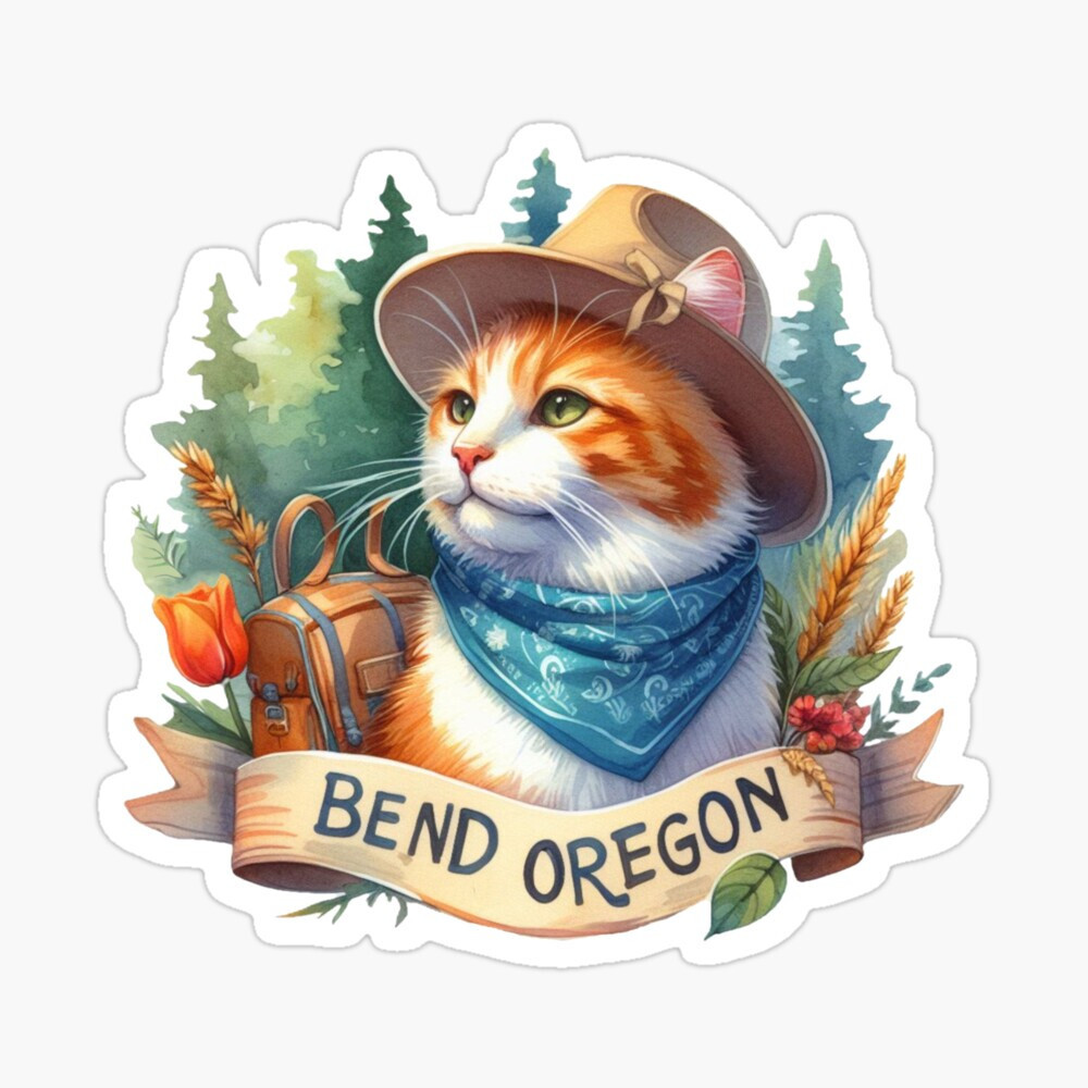 Bend Oregon Adventure Cat Sticker C Autumn Trapp Original Art 3" x 3"