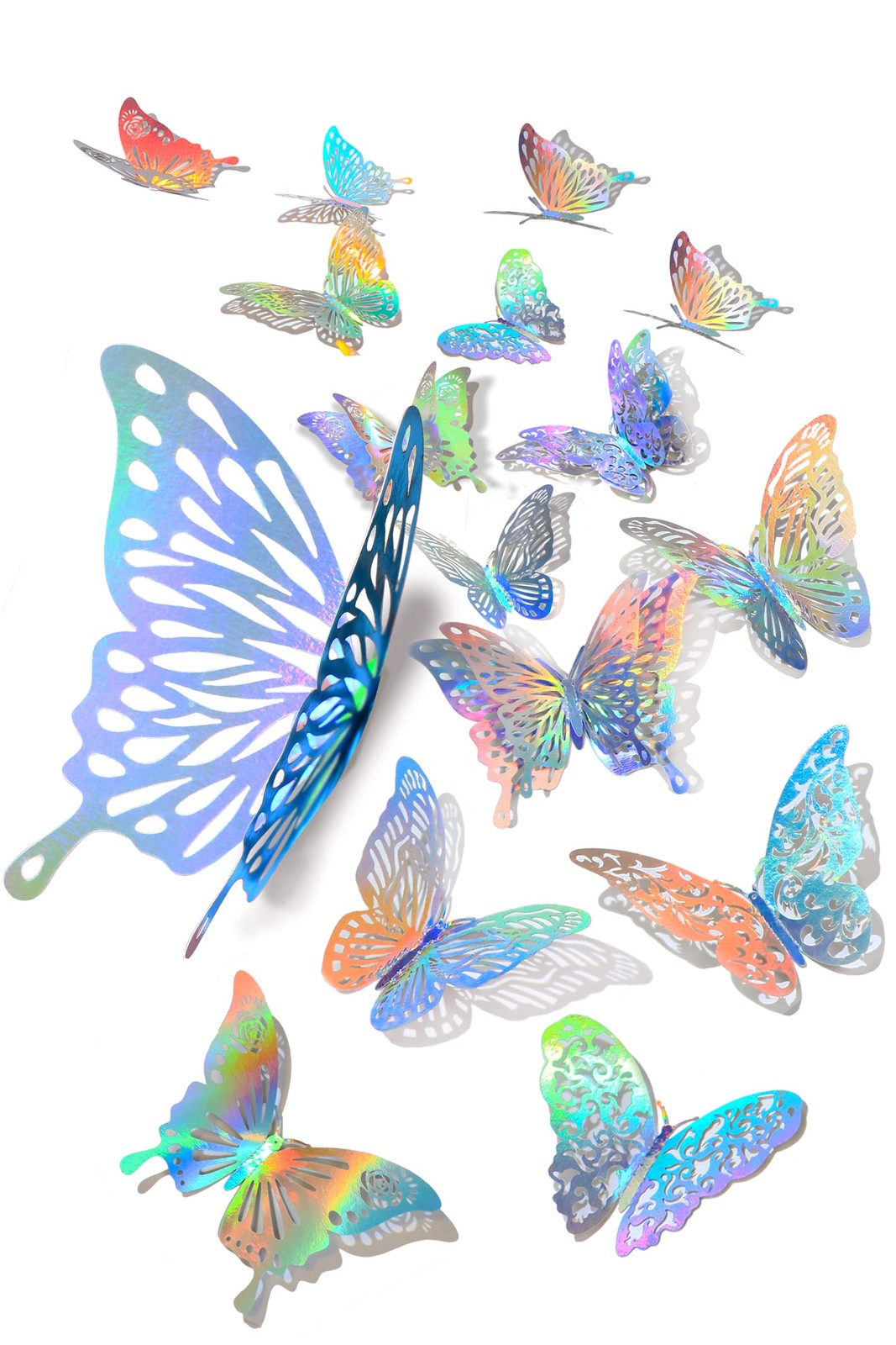 60 Pcs 3D Iridescent Silver Butterfly Wall Stickers, Holographic
