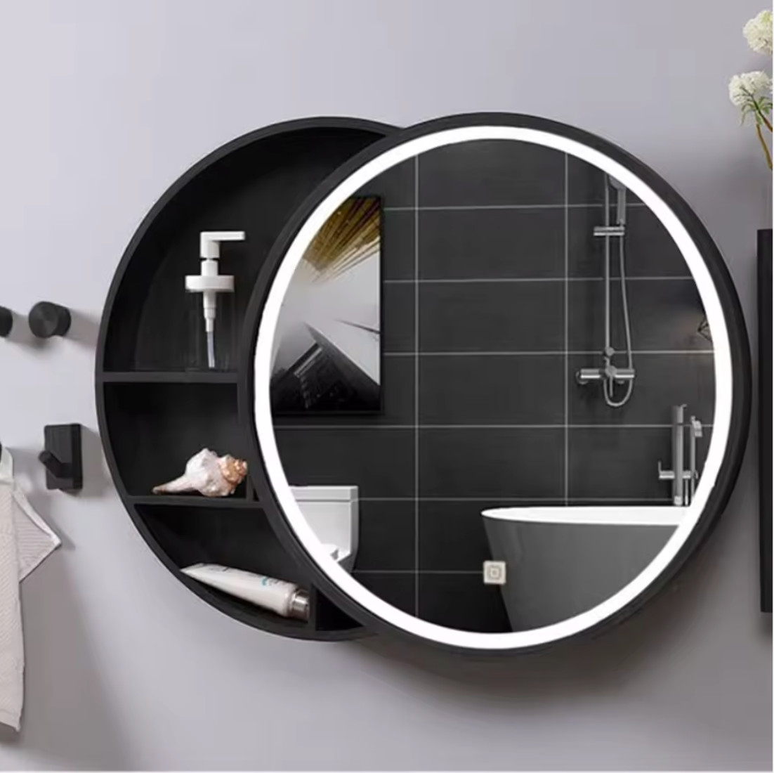 Black Round Glass Wall-Mounted Vannity Cabinet Storage Modern Eco-Friendly