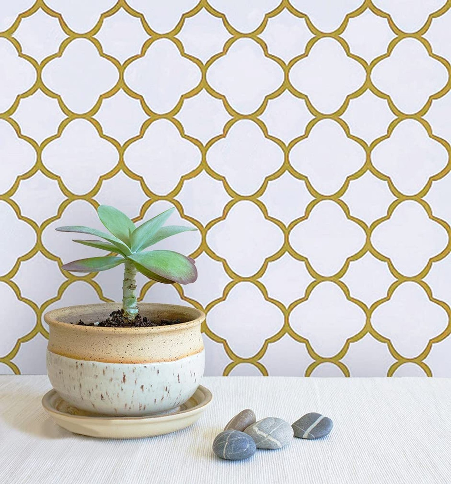 Safiyya 118"x17.7" Gold Peel and Stick Wallpaper White and Gold Pattern Conta…