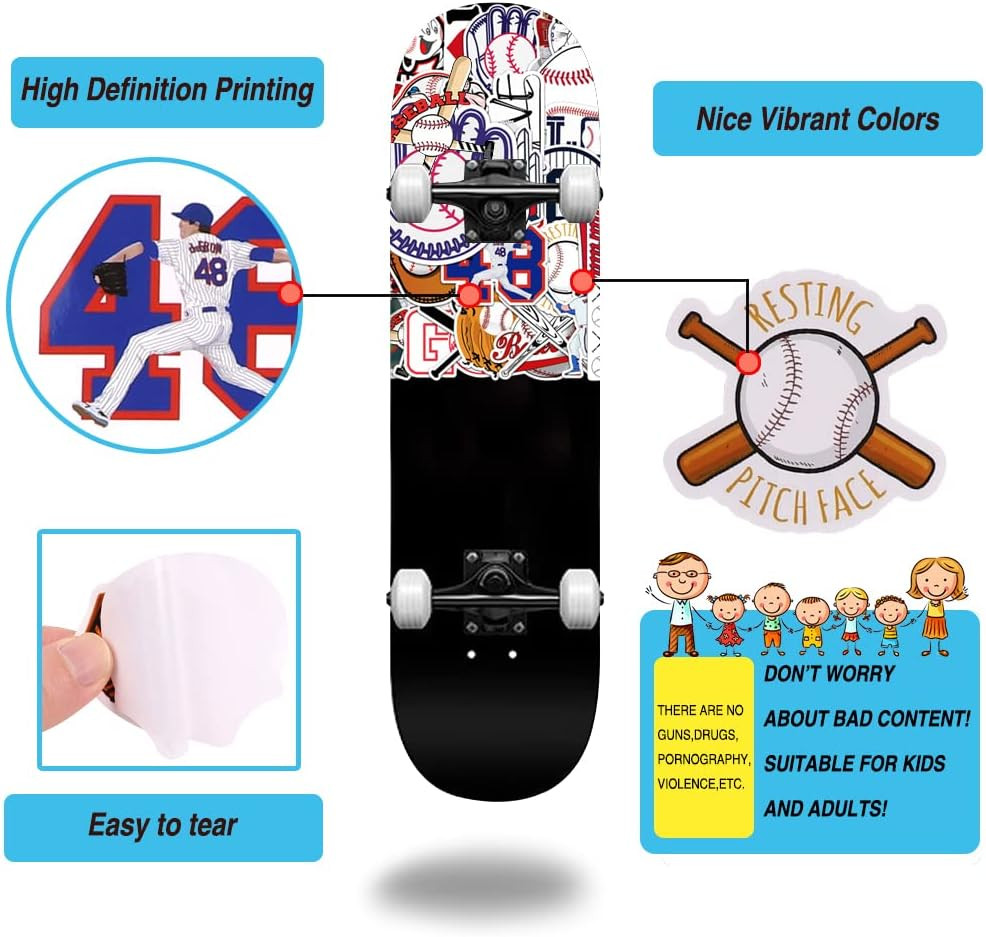 50Pcs Baseball Stickers，Waterproof Vinyl Baseball Tattoos for Kids Teens Boys Ad
