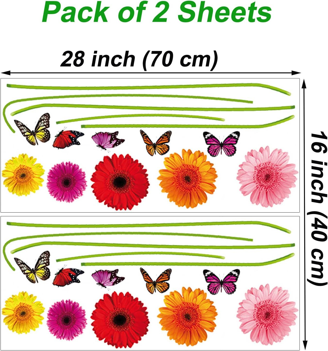 2 Sheets Gerbera Daisy Flowers Wall Decal 3D Floral Butterfly Wall