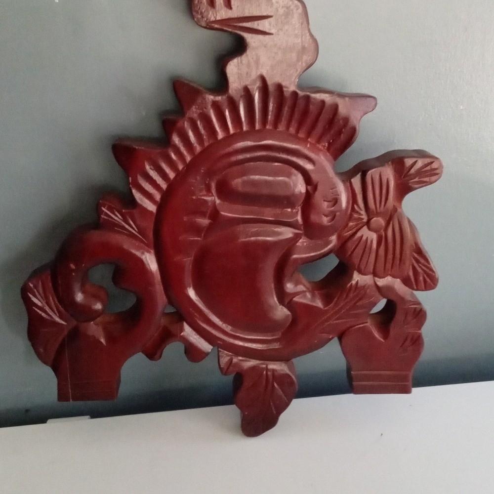 Vintage Wooden Sun Moon Carving Wall Art Handcrafted Decor