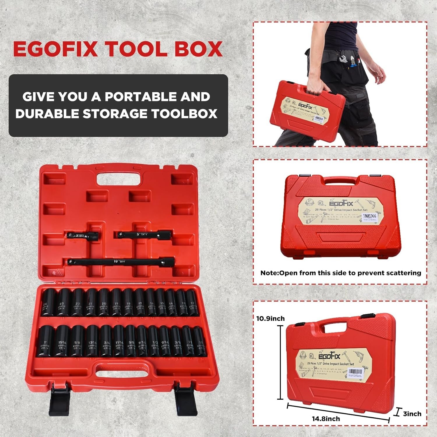 29 Pieces 1/2" Socket Set, Drive Deep Impact Socket Set with 3", 5", 10" Extensi
