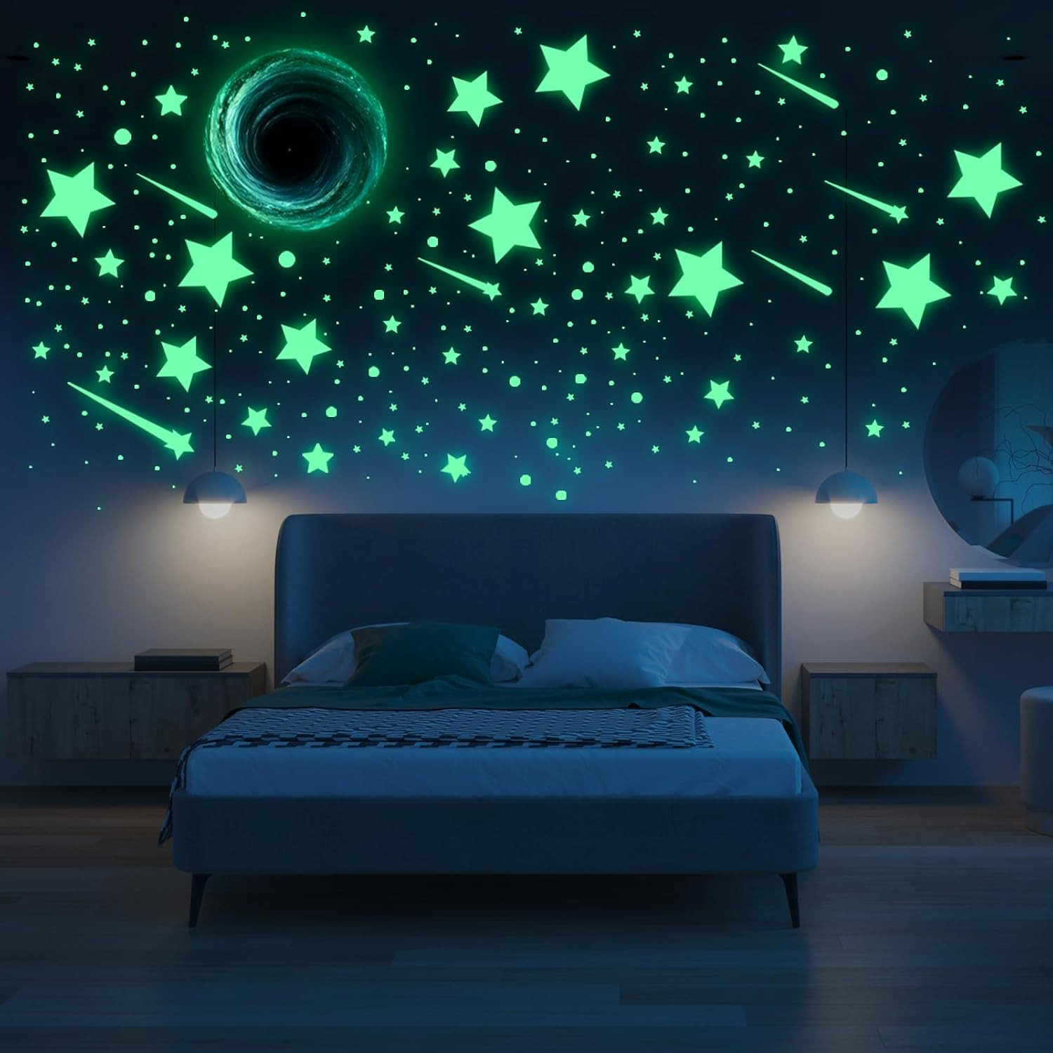 Glow in the Dark Star Space Wall Decals, 4 Sheets, Removable Peel and Stick Deco