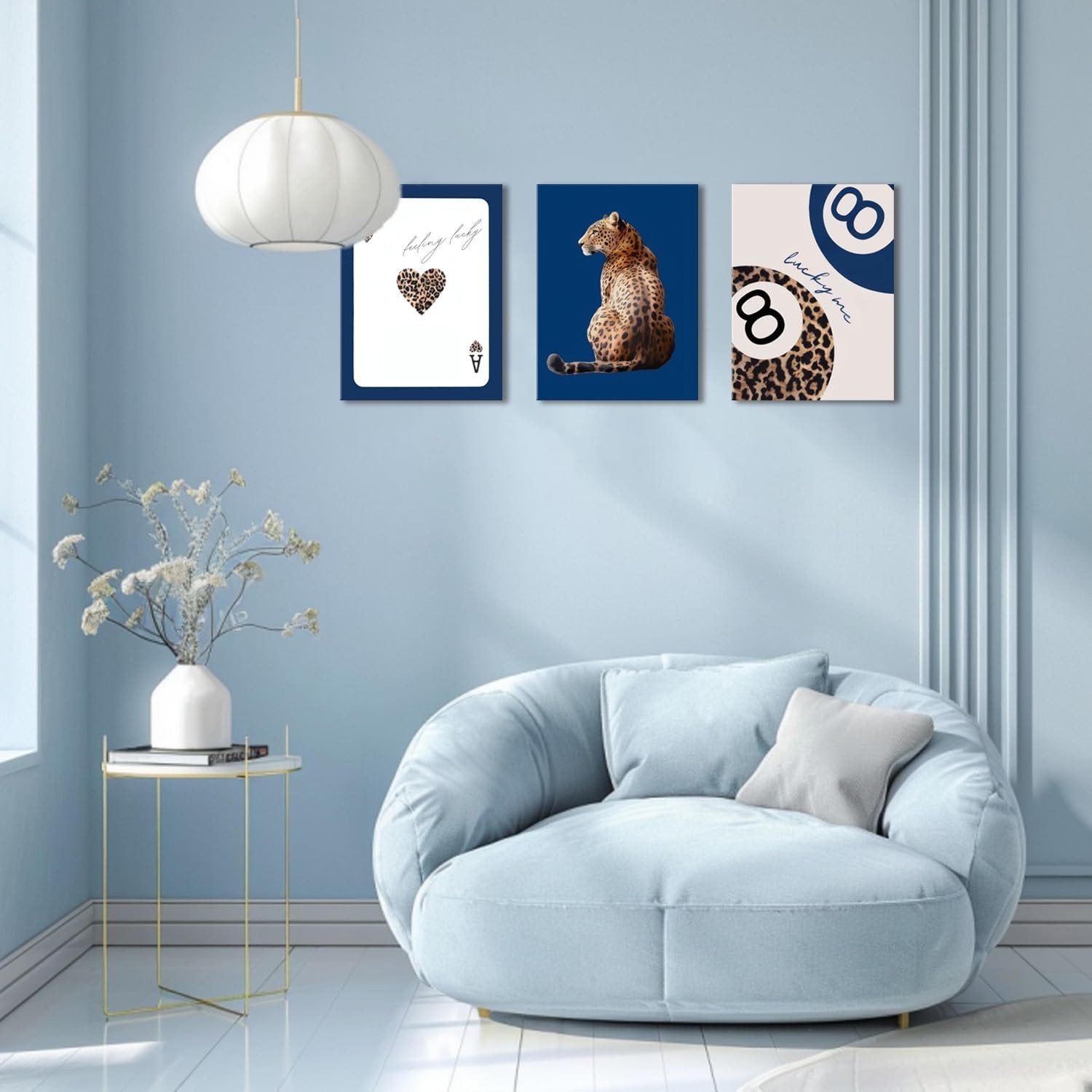 Navy Blue Leopard Canvas Wall Art Set of 3 Cheetah Animal Prints Posters Wall…