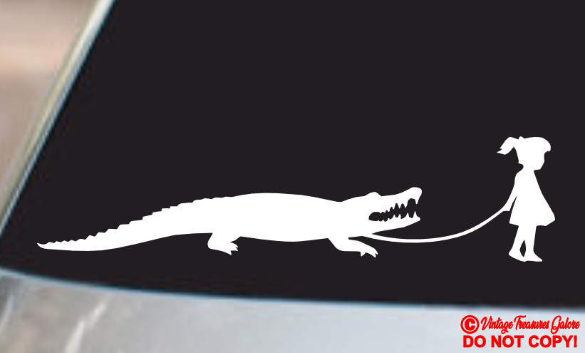 GIRL WALKING AN ALLIGATOR Vinyl Decal Sticker Car Truck Rear Window Bumper JDM