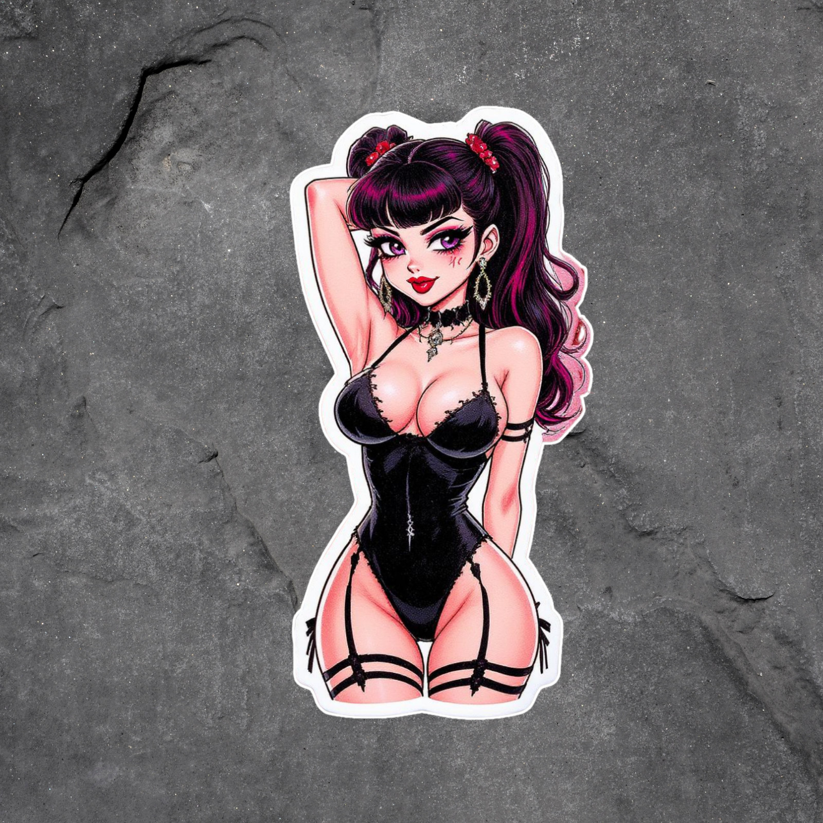 Pinup Girl Sticker Vinyl Decal Anime Goth Lingerie Pigtails Black Corset Sexy