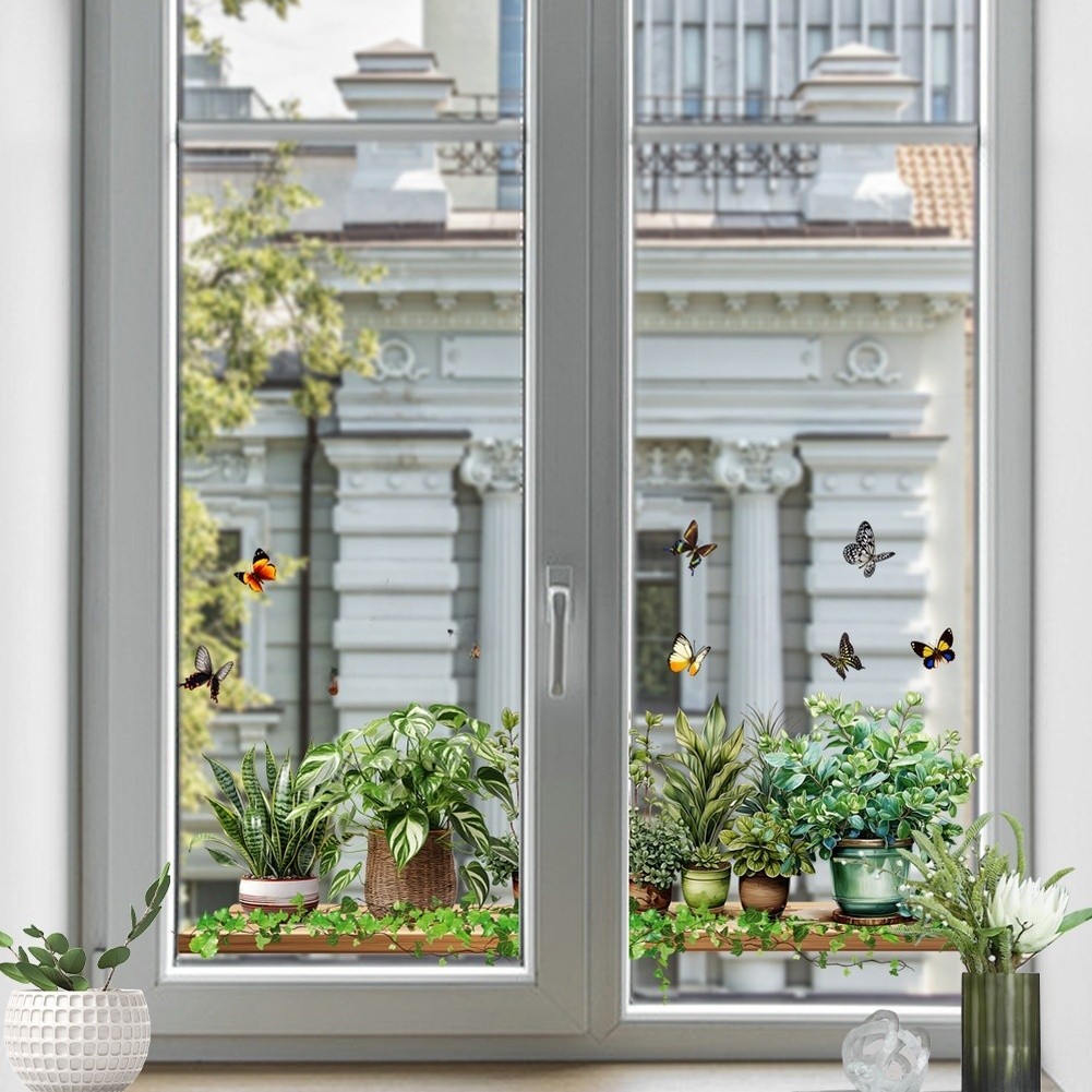 Glass Window Stickers with Realistic Green Leaves and Butterflies 60x50cm