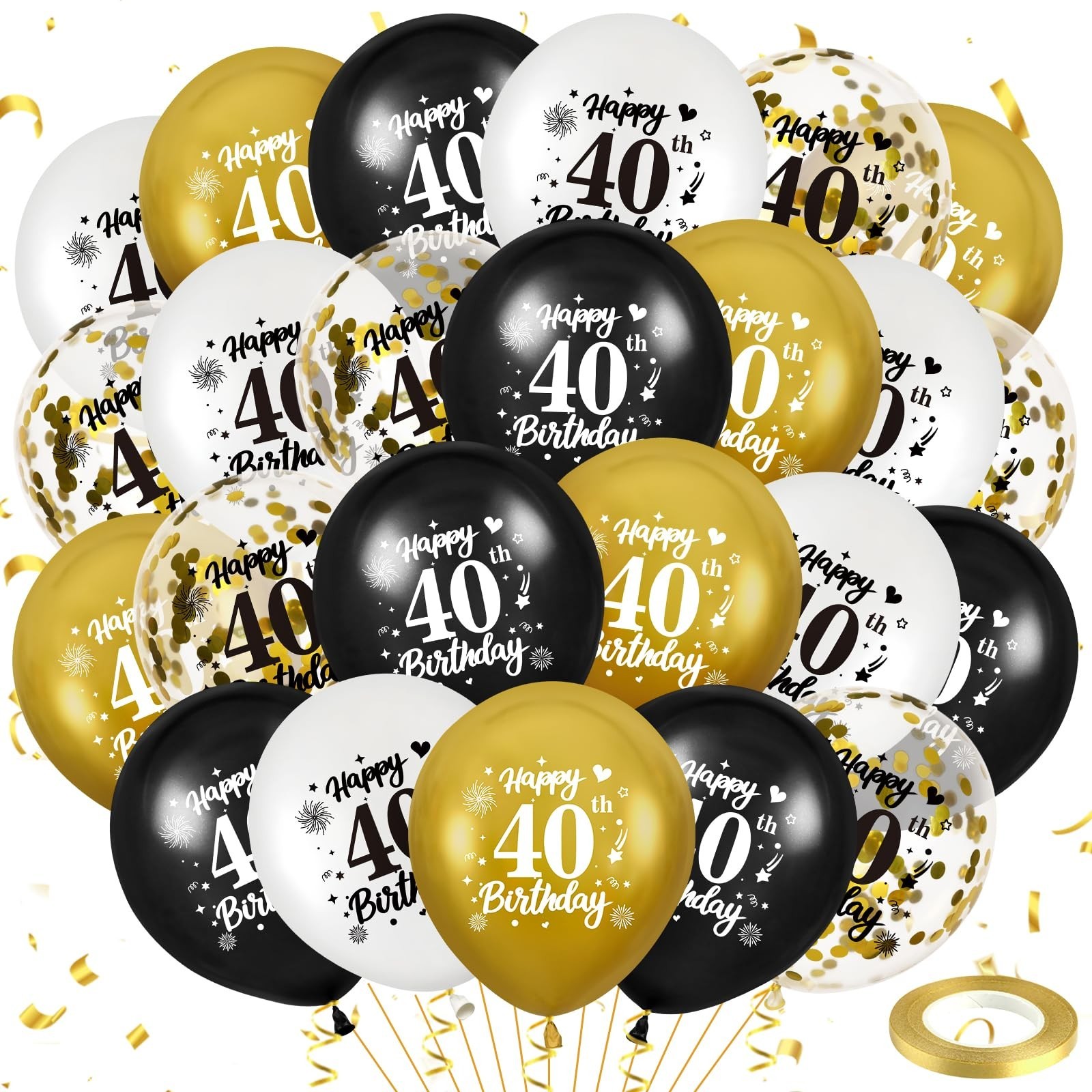 40th Birthday Balloons for Men, 24Pcs Black Gold White Happy 40th Birthday Ba…